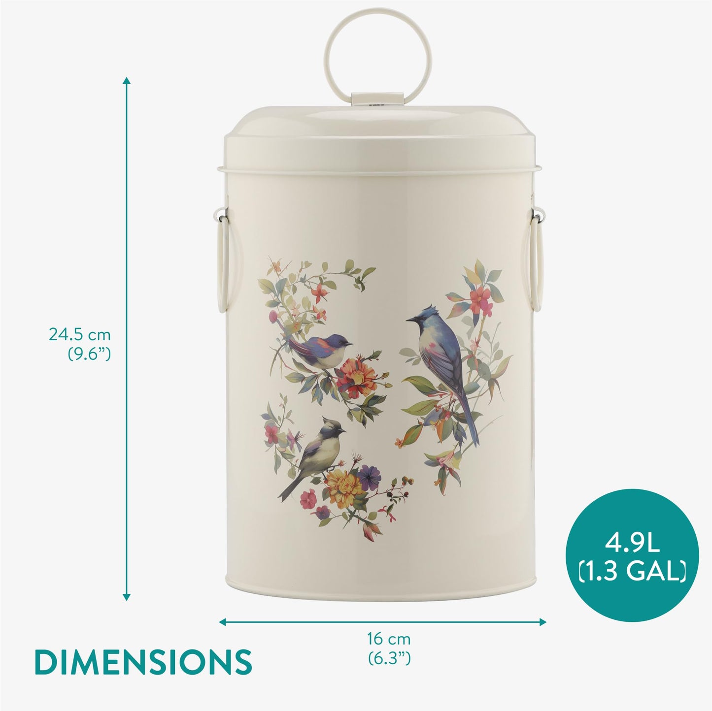 Navaris Bird Seed Storage Container - Metal Pet Food Box with Lid & Handles - Includes Handy Scoop - Outdoor Containers for Birdseed, Chicken Feed, & More - Cream with Bird Design