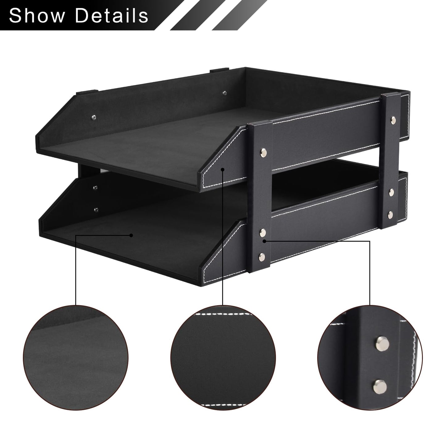 Leather Desk File Supply Organizer,Stackable Office File Document Tray for Files, Folder, Stationery, Magazine, Newspaper, Mail, Home Sundries Desktop Organization Holder,Black