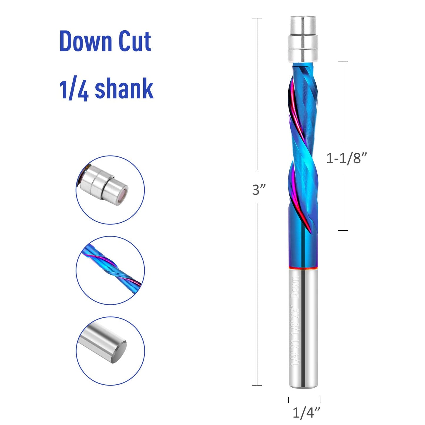 2 PCS Flush Cut Trim Router Bits 1/4 inch Shank Dowm Cut Solide Carbide Flush Trim Bits with Nano Blue Coating by Jiiolioa