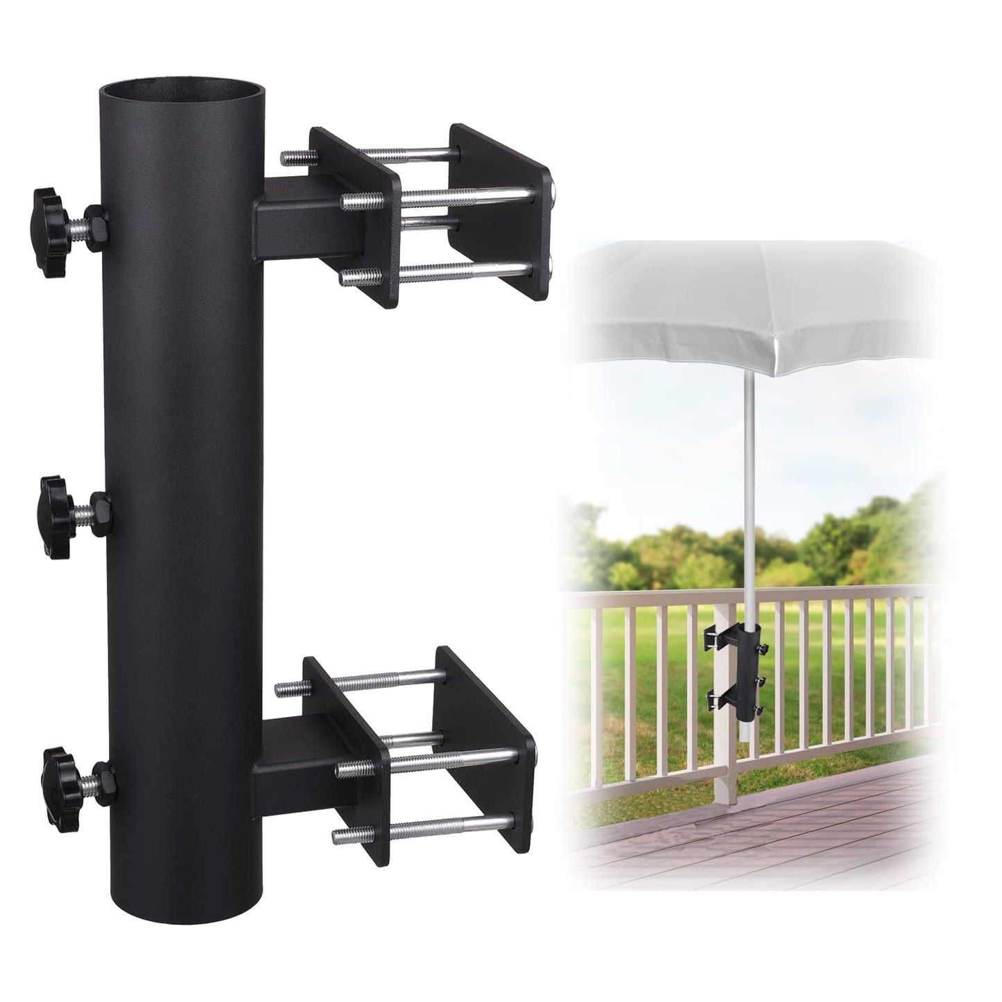 Patio Umbrella Holder, Heavy Duty Adjustable Metal Sun Umbrella Clamp Stand, Deck Umbrella Mount for Deck Railing,Outdoor Courtyard,Balcony