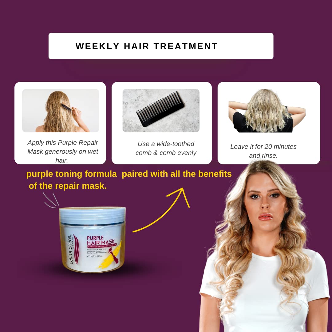 Celine Claire Purple mask for blonde hair highlighted hair Silver and Grey hair | toning no yellow hair mask | suitable for dry damaged hair | aiming to remove brassiness while providing treatment to your hair.