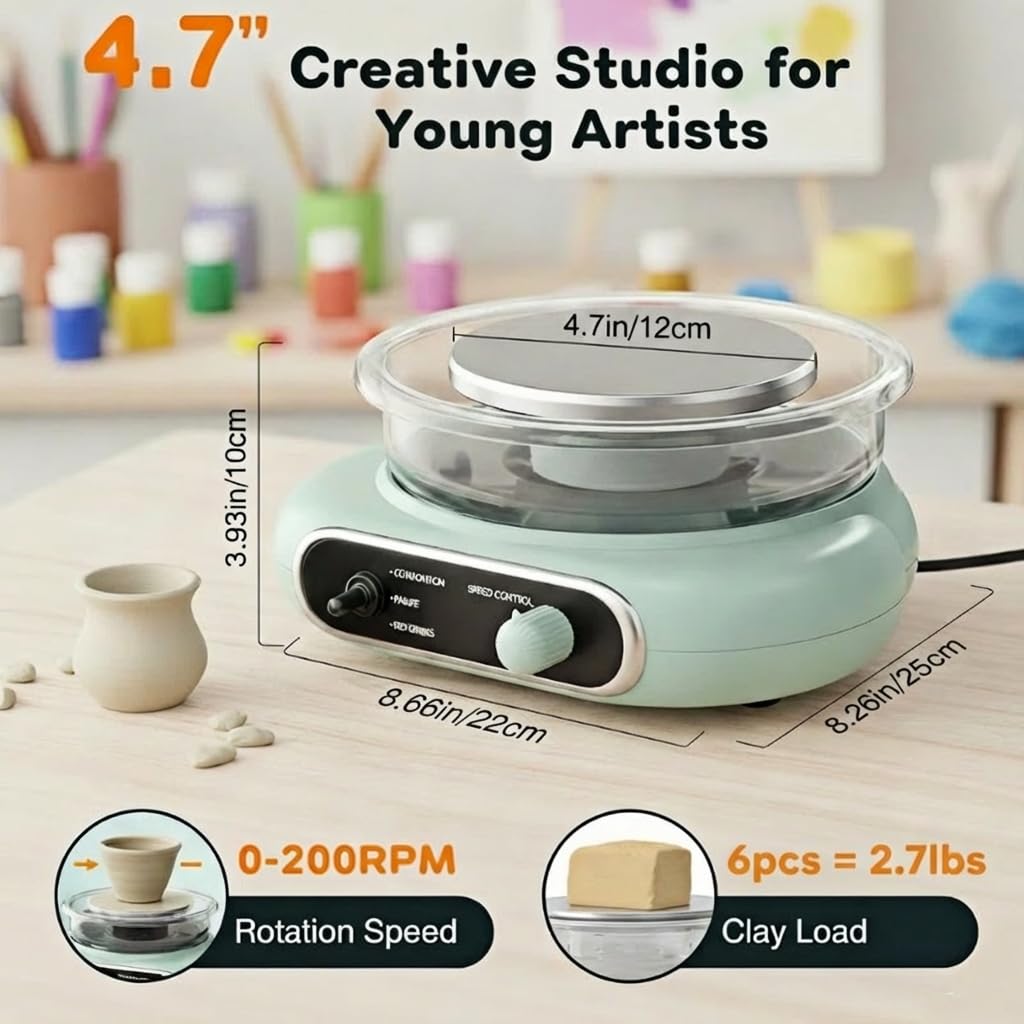 Mini Pottery Wheel Kit with Foot Pedal - 4.7" Electric Clay Spinner, Variable Speed & Reverse, Includes 5 Clay Blocks（2lbs），12 Paints & Tools, Complete Ceramic Art Starter Kit for Adults, Teens & Beginners