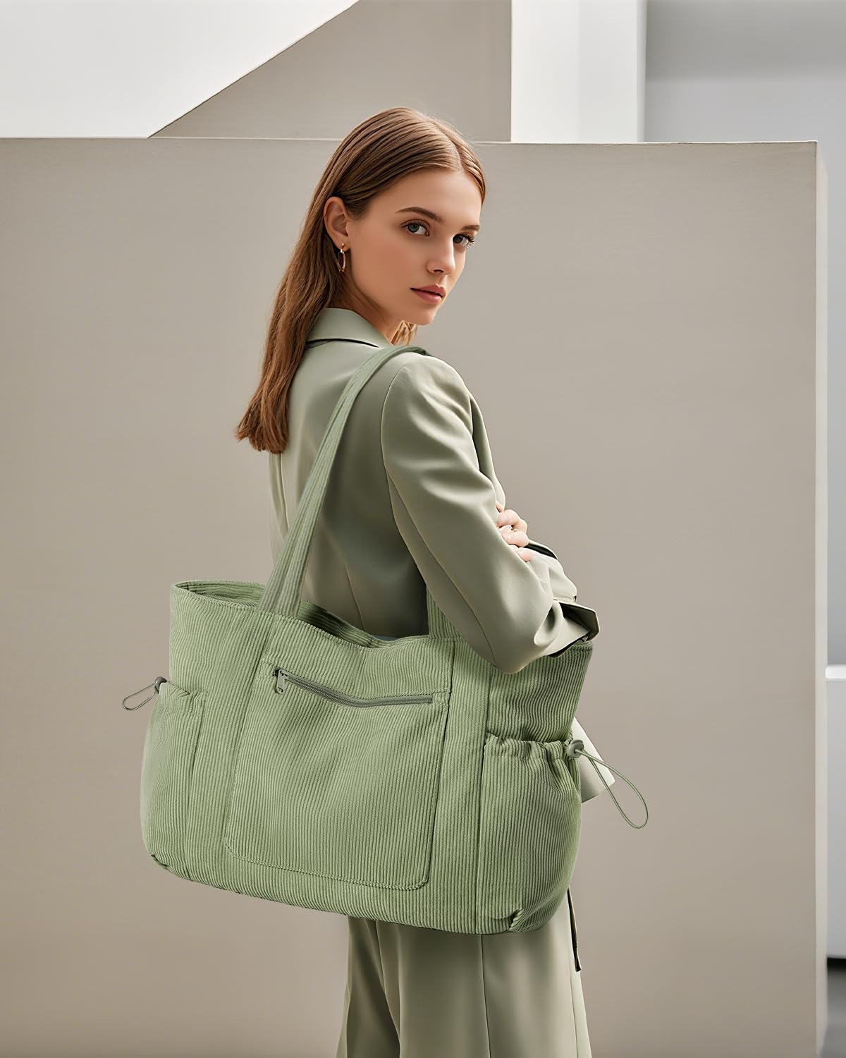ECOHUB Tote Bag for Women, Work Tote Bags with Laptop Compartment, Large Corduroy Tote Bag with Stanley Cup Holder, Shoulder Bag Handbag for Travel Weekend Gym Green