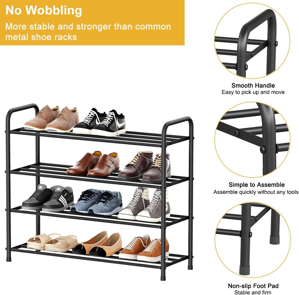 FANHAO 4-Tier Shoe Rack, 100% Stainless Steel Shoe Shelf Storage Organizer 12 Pairs for Bedroom, Closet, Entryway, Dorm Room, Matte Black