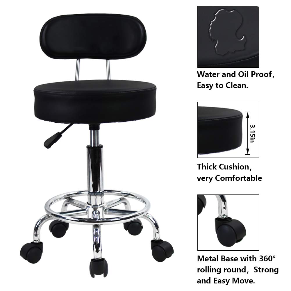 KKTONER PU Leather Round Rolling Stool Mid-Back with Footrest Height Adjustable Office Computer Home Drafting Swivel Task Chair with Wheels (Black)