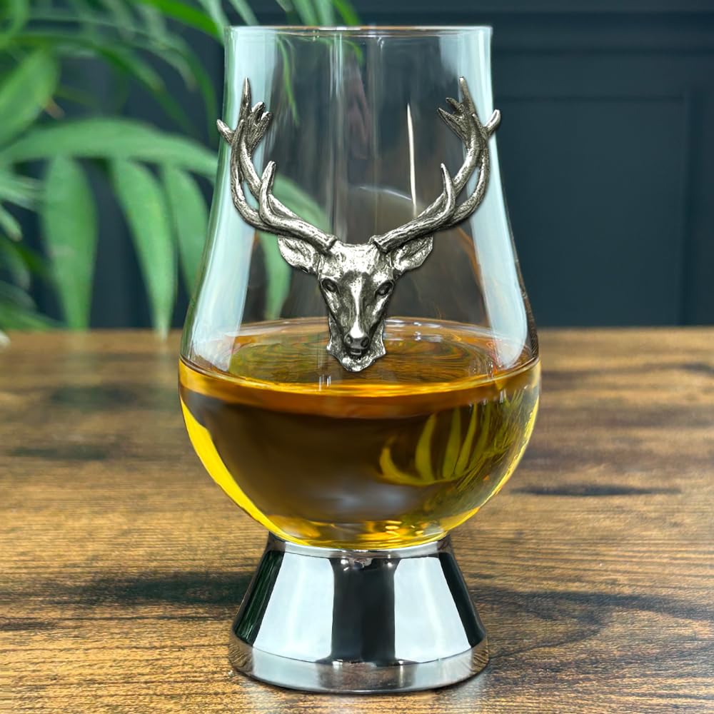 English Pewter Company Glencairn Whisky Glass 200ml With Pewter Stag Head and Base [WGP021]