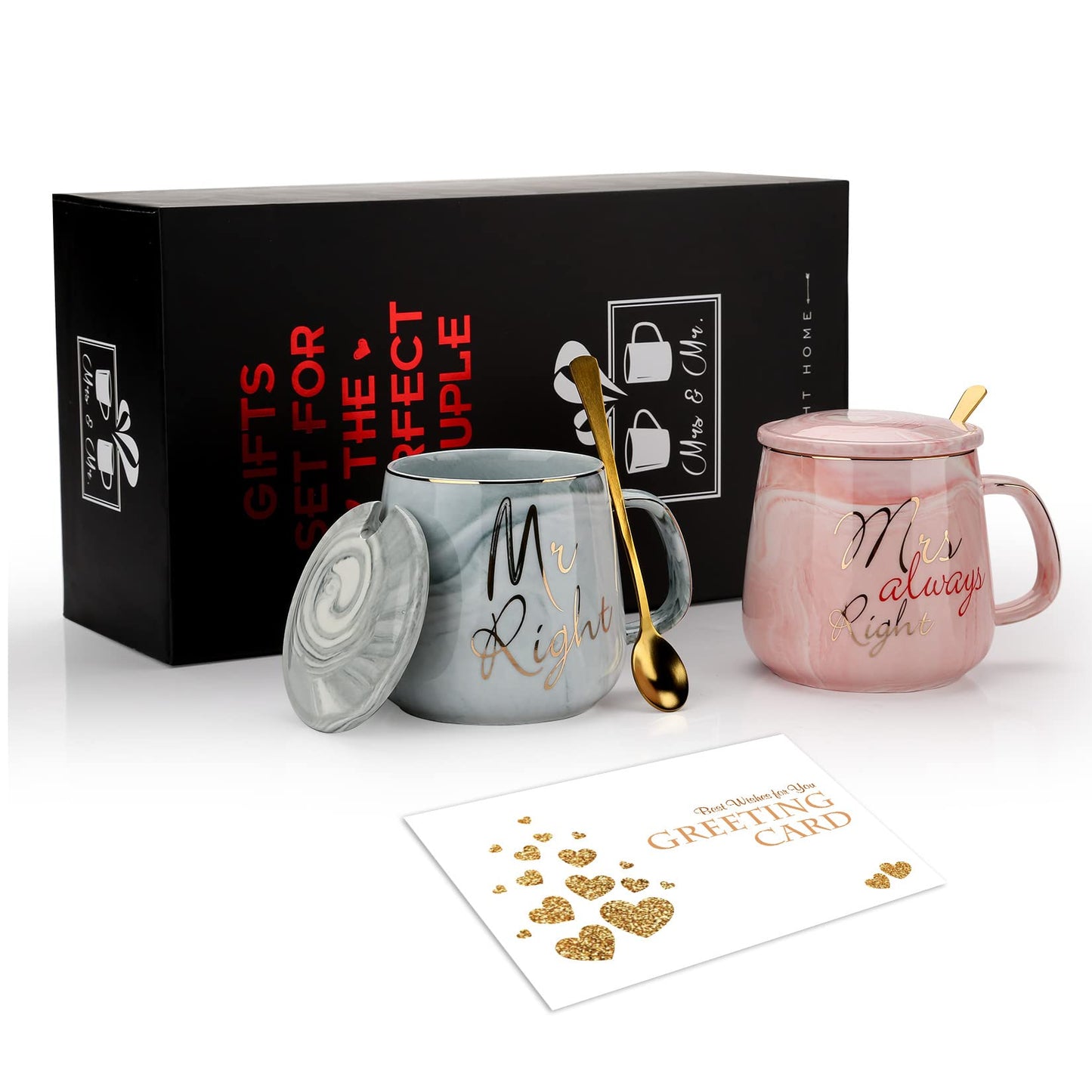 Mr and Mrs Couple Coffee Mugs - Best Wedding Gift Bridal Shower Engagement Gifts Set for Bride, Anniversary Birthday Valentine's Day Housewarming Gift Ideas, Unique 14 Oz Ceramic Marble Couple Gifts