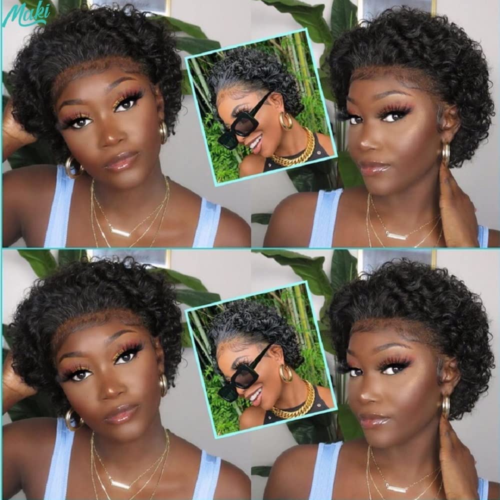 Fereowth Short Curly Lace Front Wigs Human Hair Wigs for Black Women Pixie Cut Wigs Human Hair Short Curly Human Hair Wigs Pre Plucked with Baby Hair 150% Density Natural Black