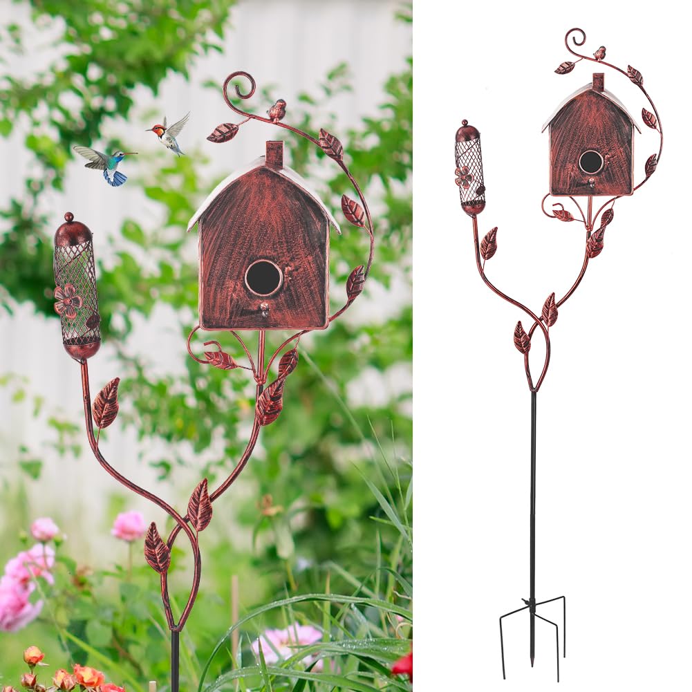 OUTSTAUES Metal Bird Houses for Outside with Pole, Squirrel-Proof Outdoor Bird House with Feeder for Patio Yard Garden Decorations, Copper