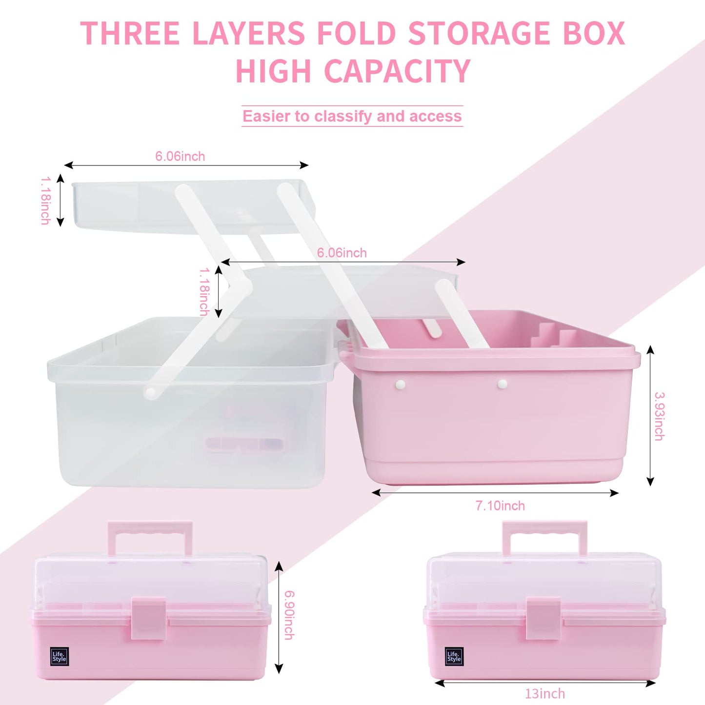 Creahaus 34cm Art Craft Organizer Storage Box with 3 Layers, Multifunctional Plastic Tool Box with Handle for Sewing, Makeup, Medicine, Nail, Hair Accessories (Pink)