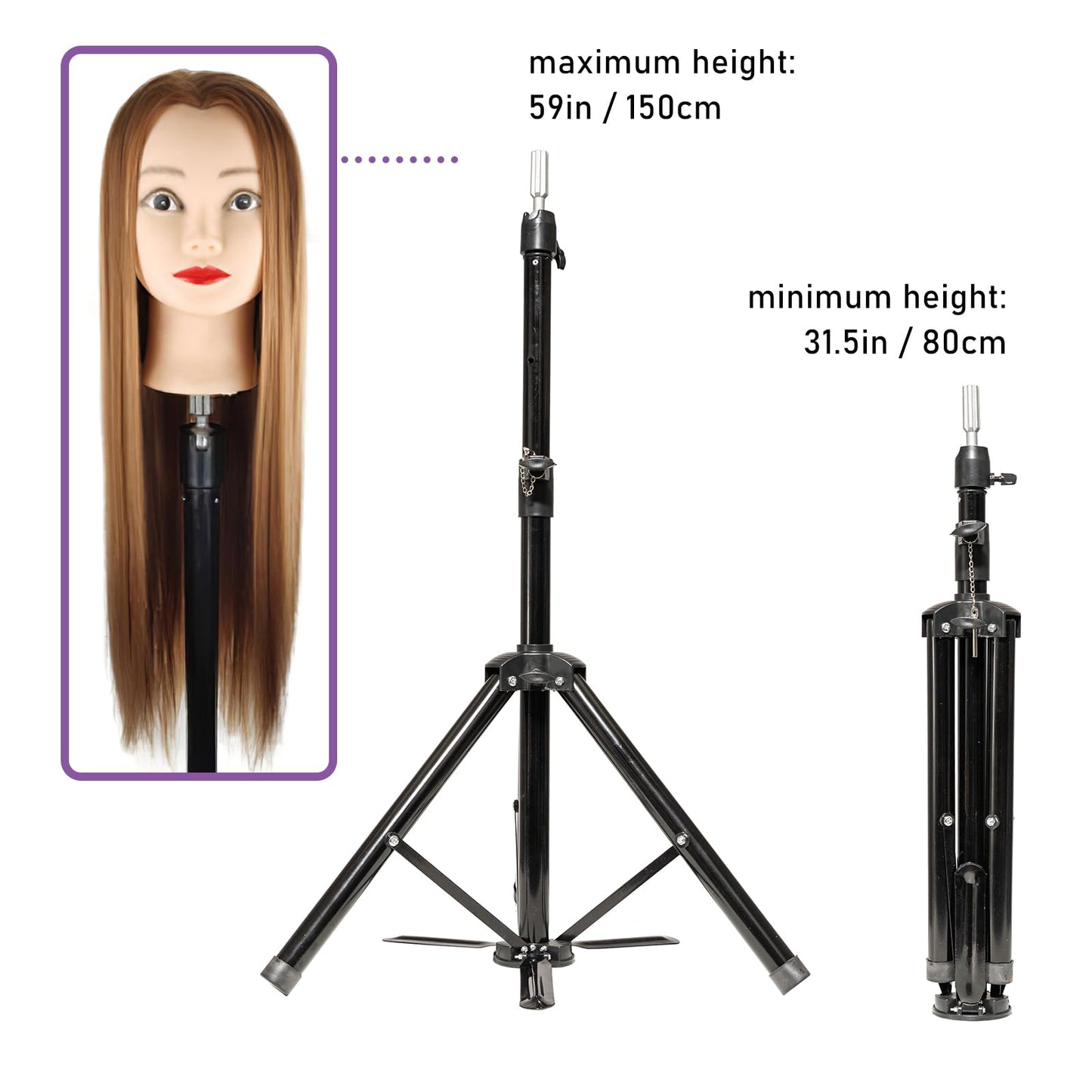 Superhairpieces Sturdy and Adjustable Wig Stand Tripod, Foldable Tripod Metal Mannequin Head Stands - Perfect for Wig Storage, Styling, Hairdressing Training and Display (Black)