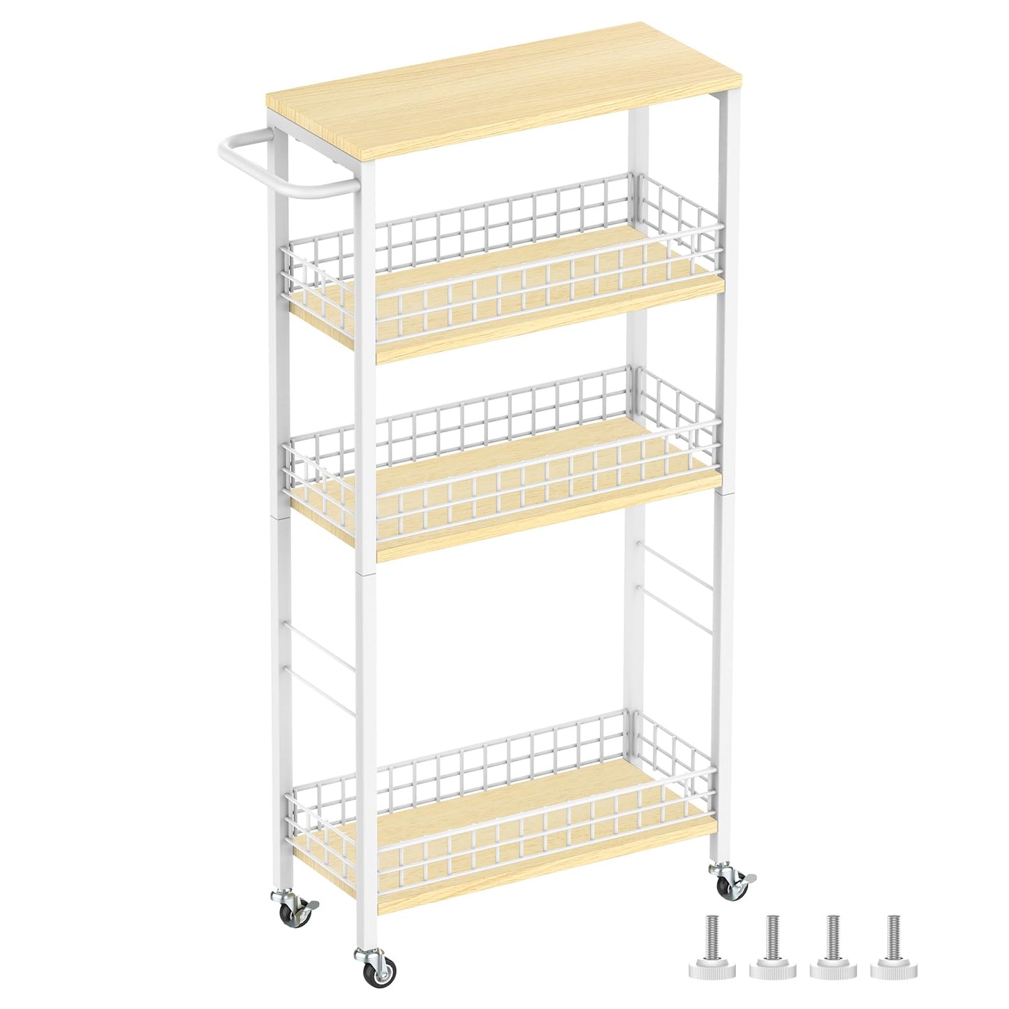 Slim Storage Cart 4-Tier Rolling Kitchen Utility Cart White Narrow Slide Out Laundry Storage Cart on Wheels and Wood Table Top Mobile Shelving Unit Organizer Trolley for Bathroom Small Space 7.3 Wide