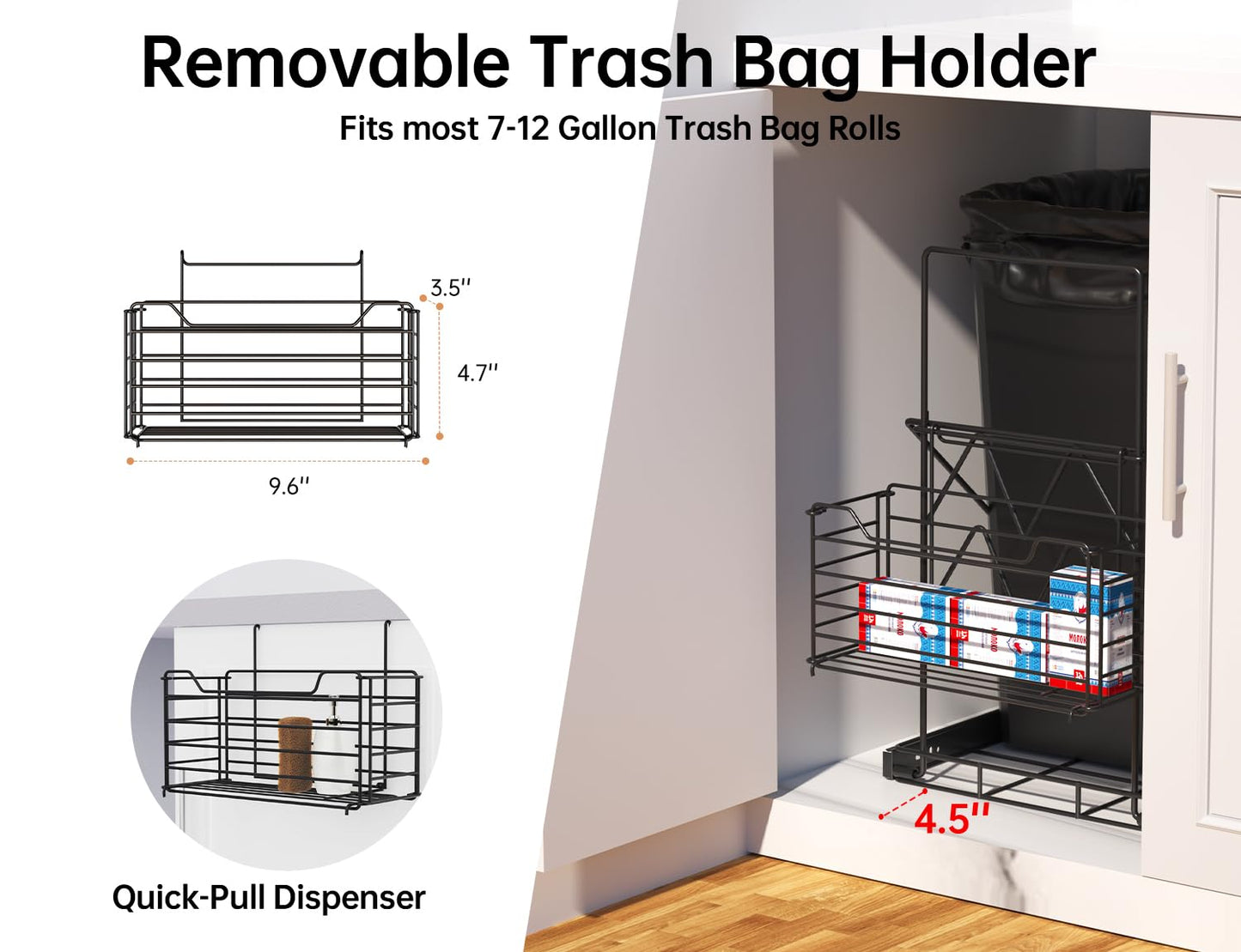 Cabinet Trash Can Pull Out Kit with Removable Garbage Bag Holder Under Sink Trash Can Pull Out Slider for 28–44 Quart Cans Up to 125 lb (Can Not Included) (Black)