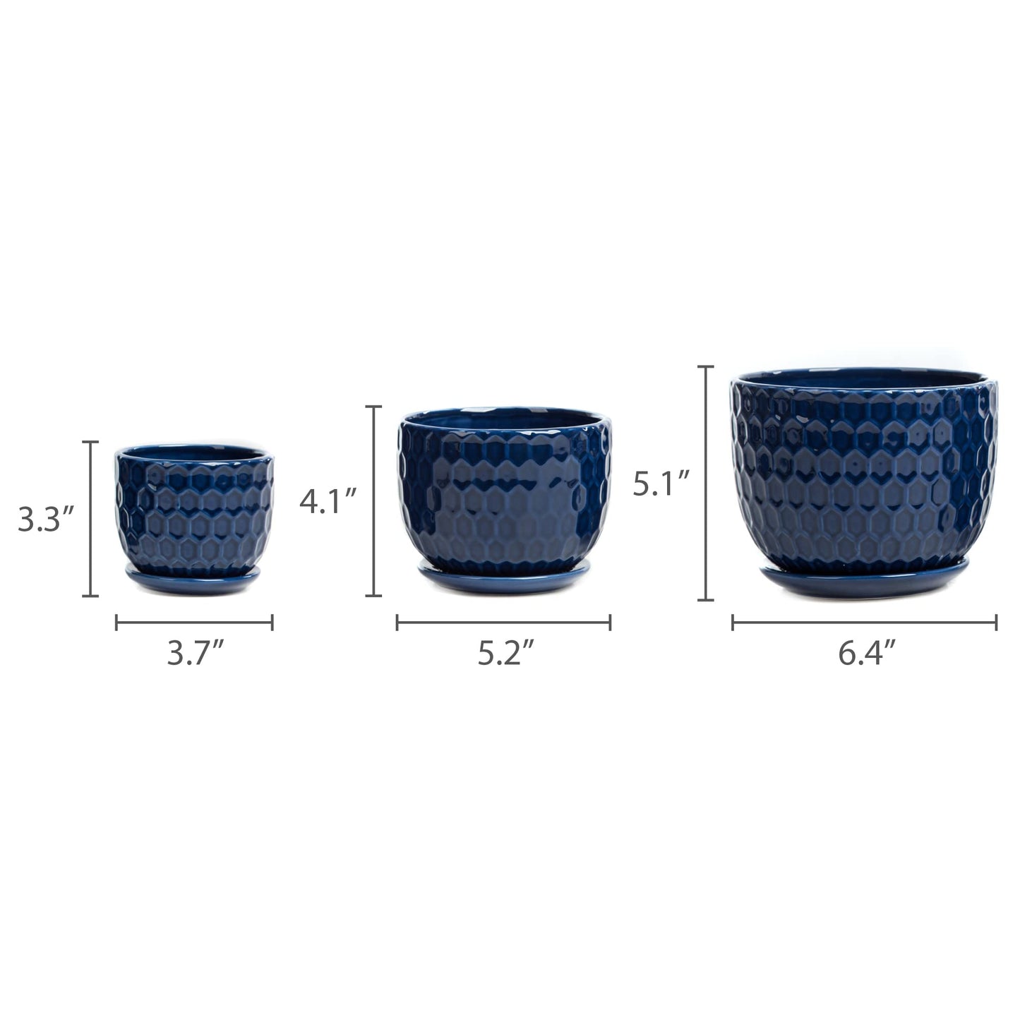 Nattol Ceramic Flower Pots with Drainage Hole and Saucer, North European Style Round Indoor Succulent Planters with Honeycomb Inspired Texture Design, Small to Medium-Sized, Set of 3, Navy Blue