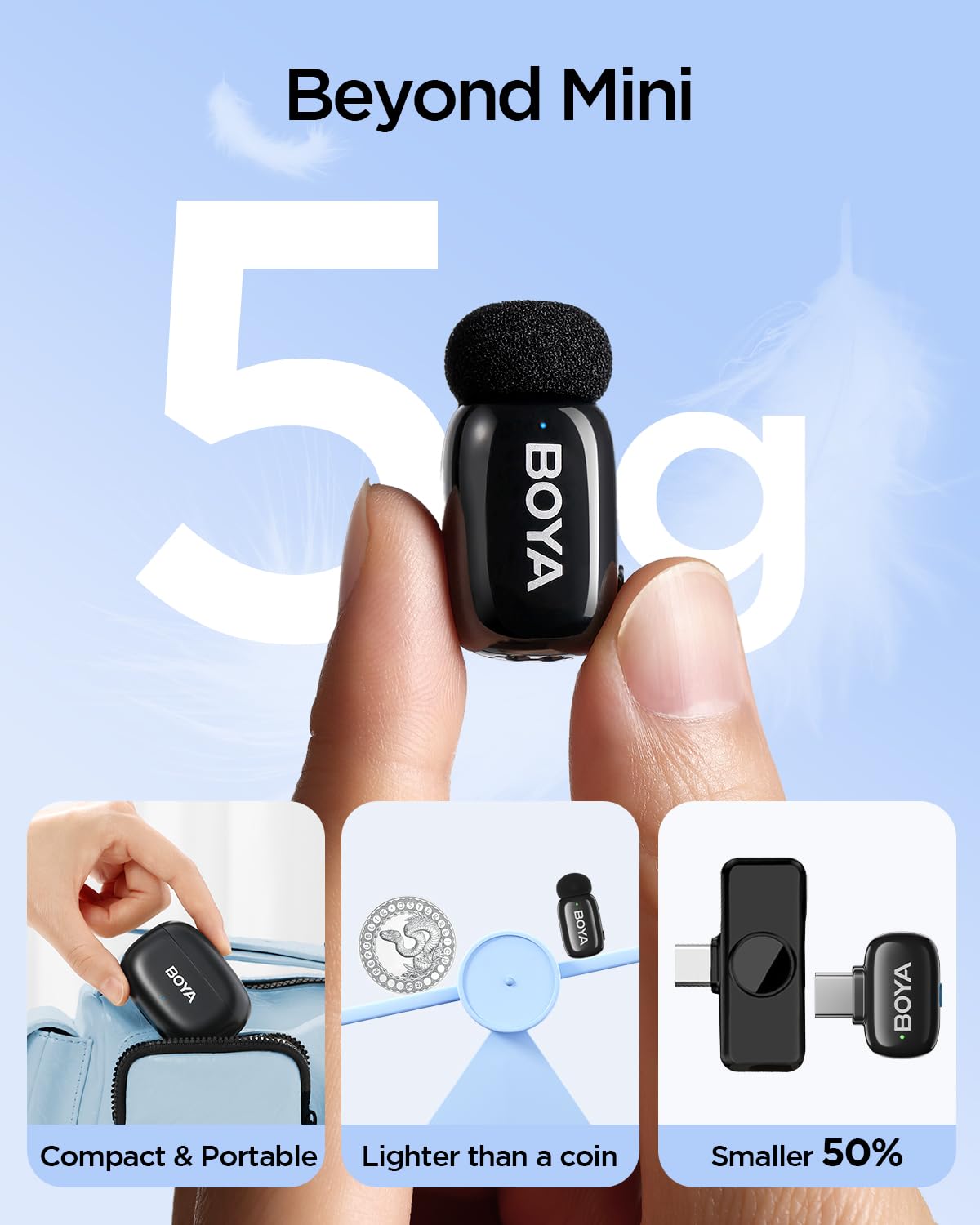 BOYA Mini 2 Wireless Lavalier Microphone for iPhone 15/16/17 Android, with AI Noise Cancellation, App Control, 30H Battery, USB-C Mic for Video, Podcast, Vlogging