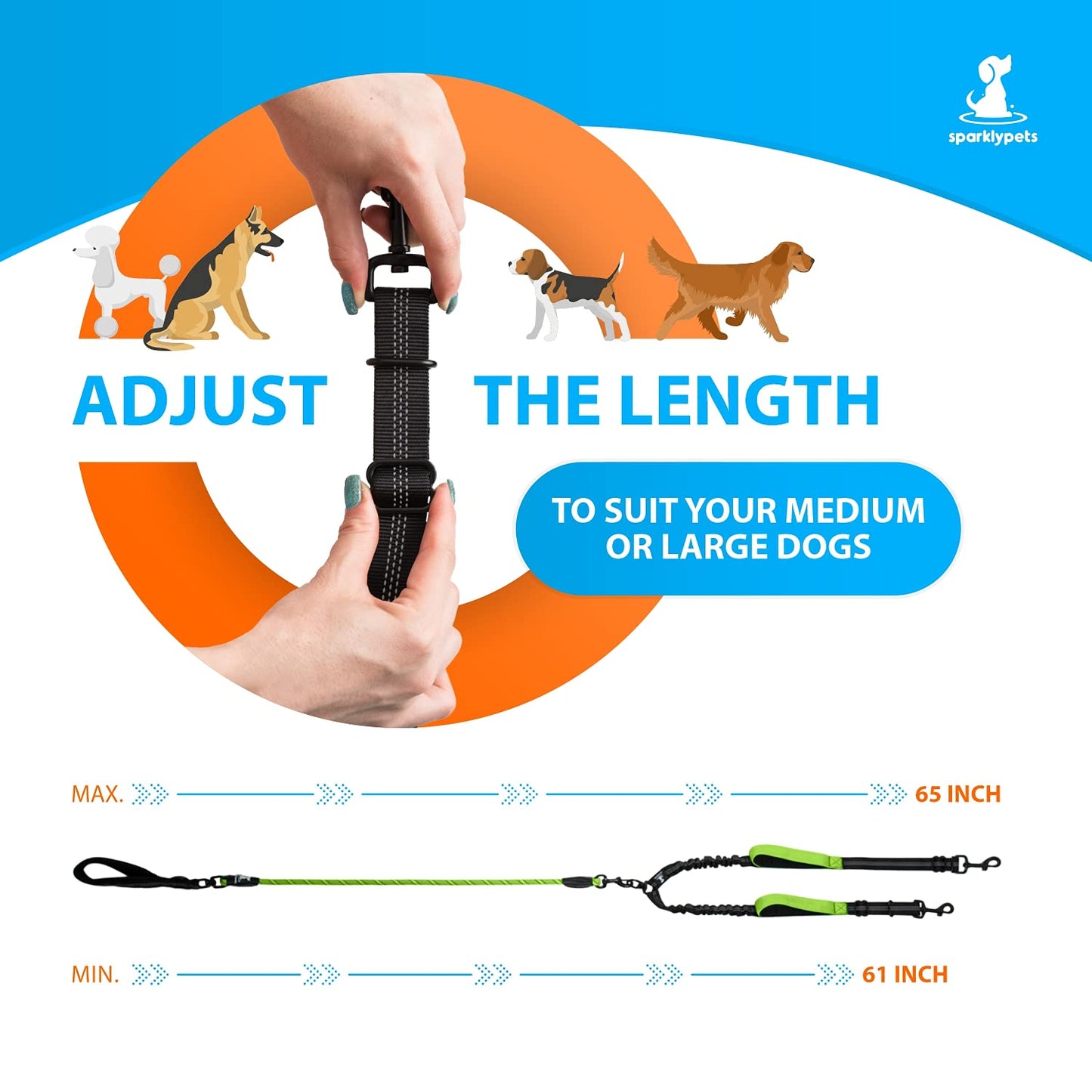 SparklyPets Double Leash for 2 Dogs – Rope Bungee Dual Leash for Medium and Large Breeds with Padded Handles & Tangle Free (Green, for 2 Dogs)