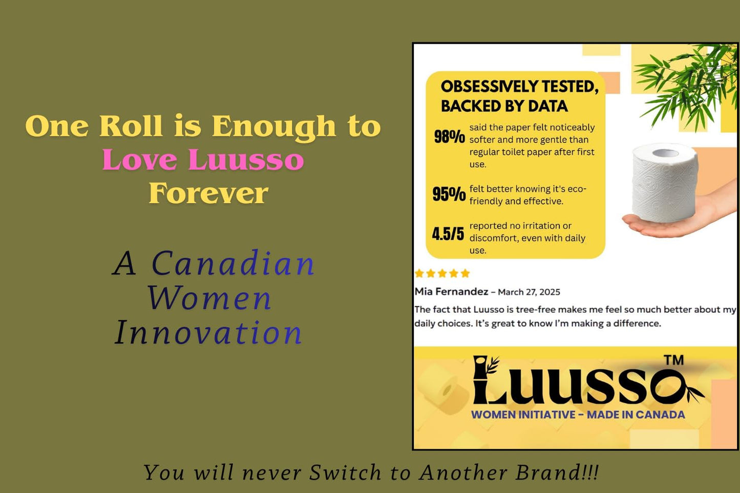 Luusso 100% Bamboo Toilet Paper(Made in Canada), 12 XL Size Triple Rolls (36 Regular), 3-Ply, 180 Sheets, 11 cm x 10.1 cm