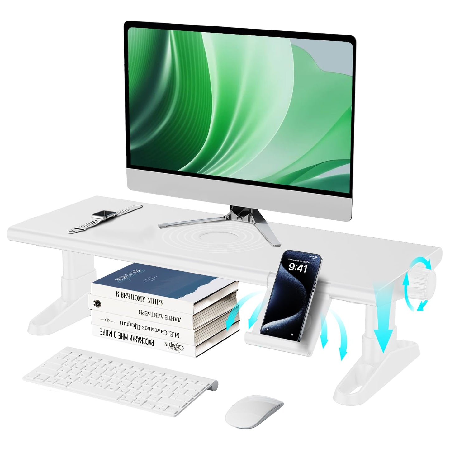 NIFBANG Computer Monitor Stand Riser for Desk,Multi-Purpose Desktop Organizer Monitor Stands Riser for Computer,,4.5-6.3 Inches Freely Height Adjustable with Cellphone Holder,Laptop,Printer,TV (White)