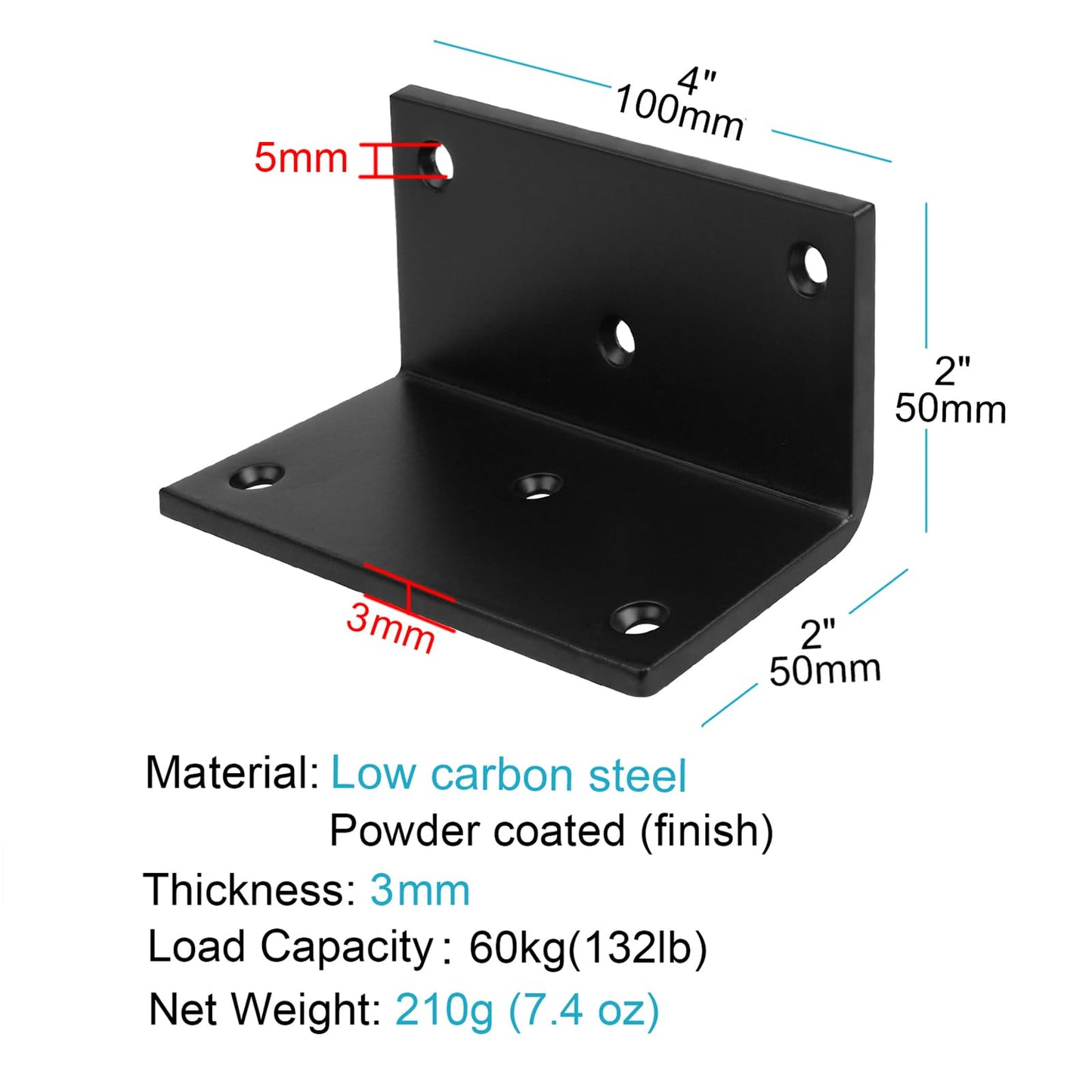 6 PCS Steel L Right Angle Bracket 4" x 2", Max Load 132LB, Black Corner Brace