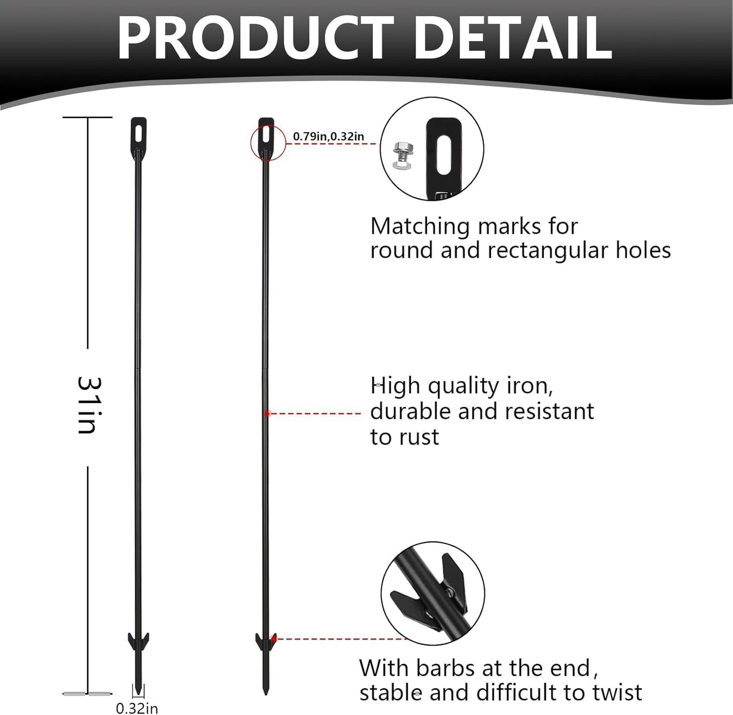 Danoib 2-Pack Yard Sign Stakes Metal for Ground 31" Long 0.3" Thick, Plant Support Stakes for Indoor & Outdoor Plants, Sign Poles Stakes, Tent Stakes for Outdoor Camping, Easy to Install - Black