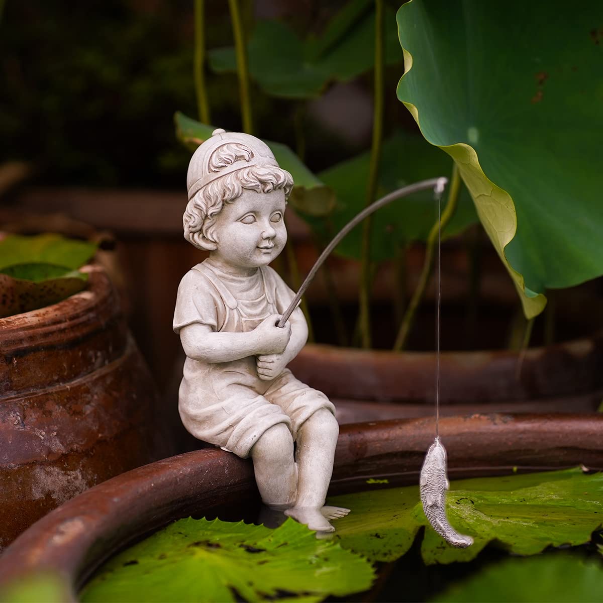Goodeco Fisherboy Garden Outdoor Statue - Boy Fisherman Figurine Sculpture - Fishing Outdoor Statues for Patio,Yard Lawn Pool Pond Ornament,Gardening Gifts,Gift idea 11 inch