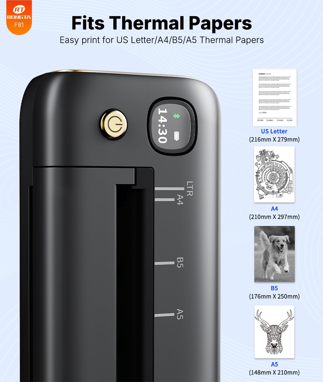 Rongta Portable Printer Wireless for Travel, Inkless Thermal Printer, Compatible with Android,iOS & Laptop, Small Bluetooth Mobile Printer for School/Office/Home Use (Gray)