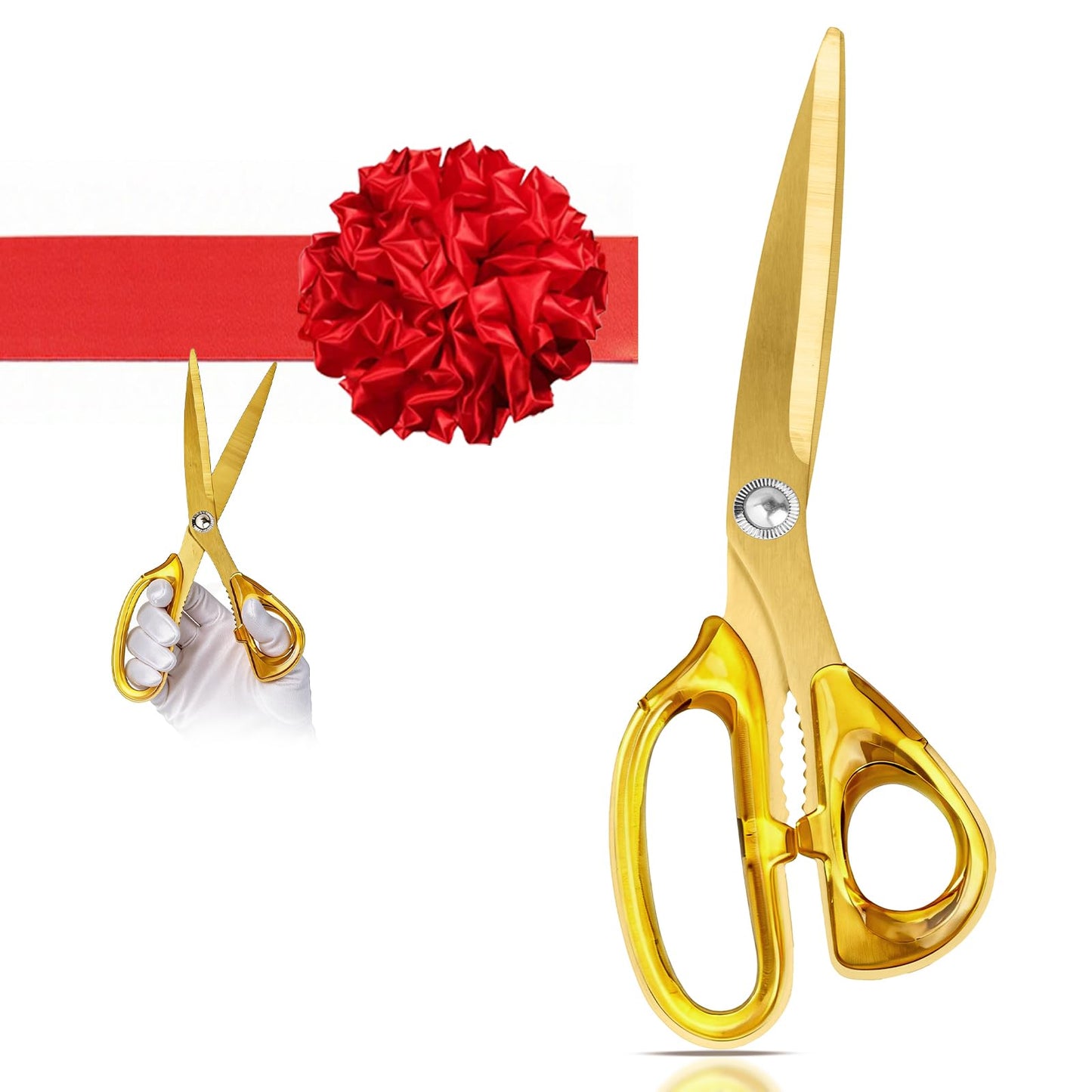 Ribbon Cutting Ceremony Kit with Large Gold Scissors, 157" Red Ribbon, 12" Decorative Bow, and White Gloves for Grand Openings and Business Events (10.2")