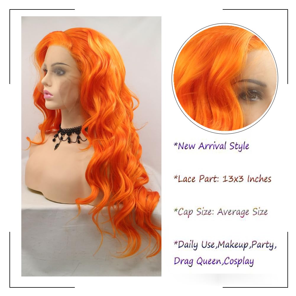 Angle Lucky Pastel Orange Wigs for Women Long Loose Wavy Mixed Orange Wig Natural Hairline Lace Frontal Wig Heat Resistant Fiber Premium Glueless Wig Drag Queen Halloween