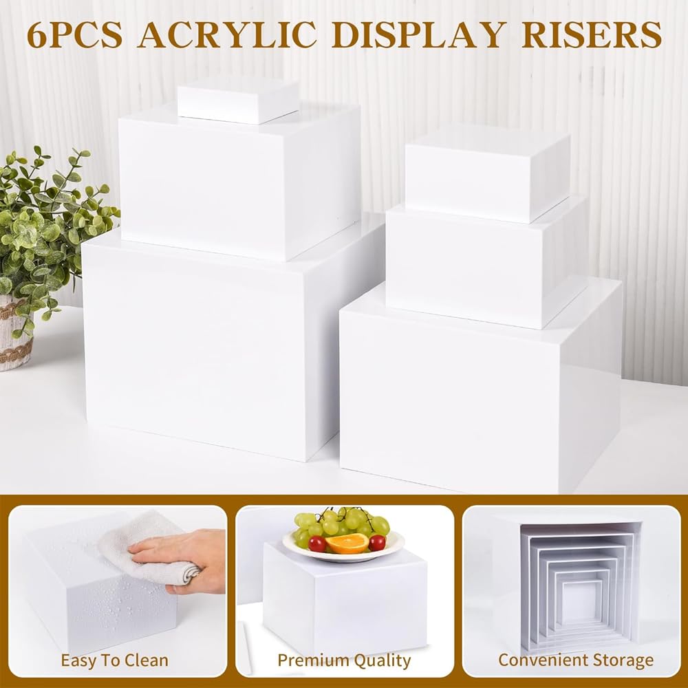6Pcs Buffet Risers,Food Risers for Buffet Table Display Stand Shelf for Party Catering Dessert Collectibles Acrylic Cube Boxes Display with Hollow Bottoms White Set (Size 5",6",7",8",9",10")