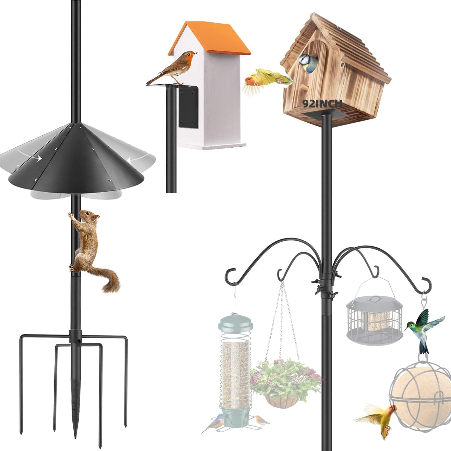 92inch Squirrel Proof Bird Feeder Pole - Heavy-Duty Durable Bird Stand with Squirrel Baffle, 4 Hooks for Hanging Bird Feeder, Perfect for Birdwatching & Outdoor Use