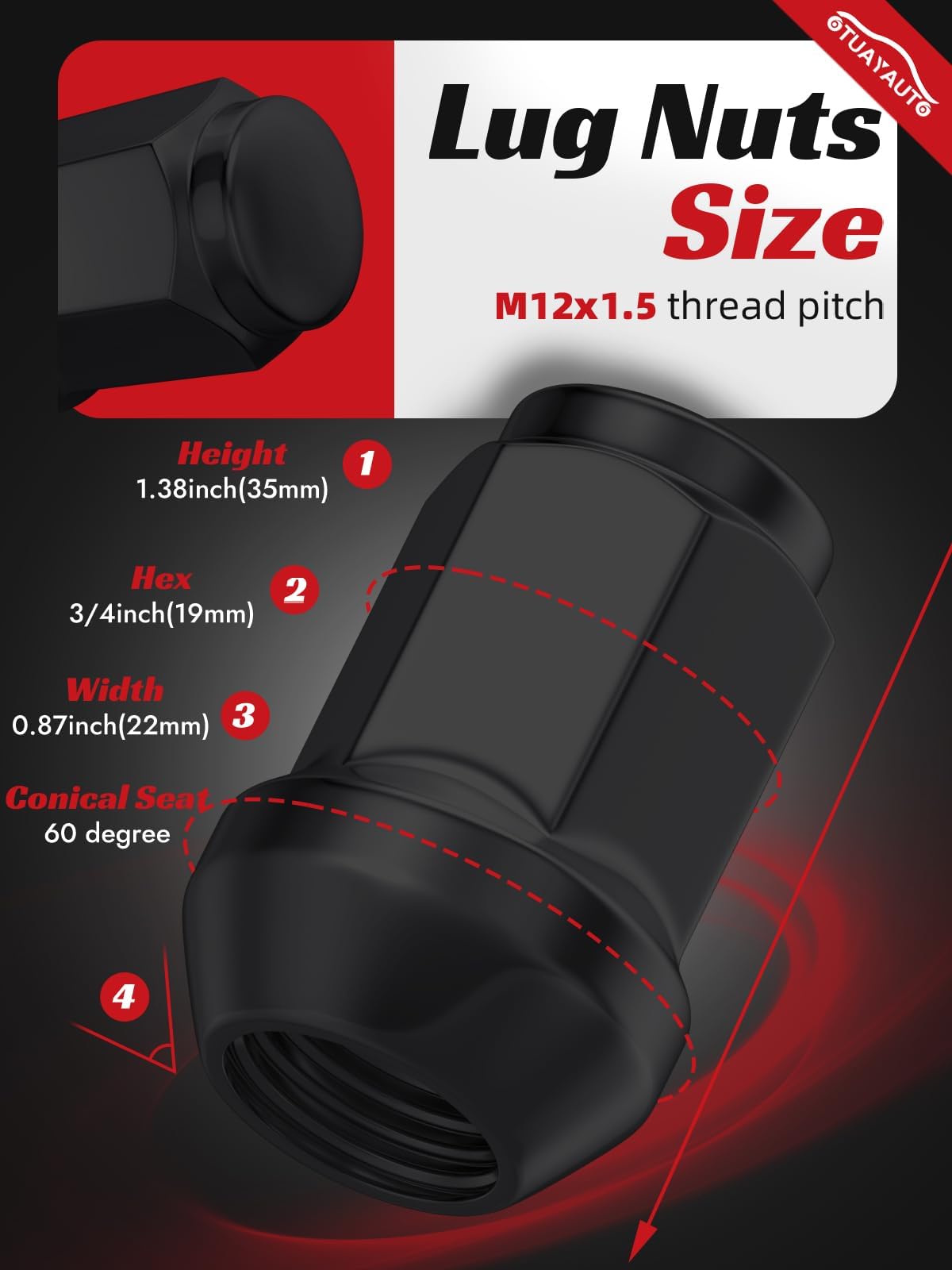 OTUAYAUTO M12x1.5 Lug Nuts - 20PCS Black 12mmx1.5 Closed End Bulge Acorn Lug Nut Set, 12x1.5 Wheel Lug Nuts, Cone Seat, 19mm Hex, Replacement for Chevy Ford Honda Acura Aftermarket Wheels