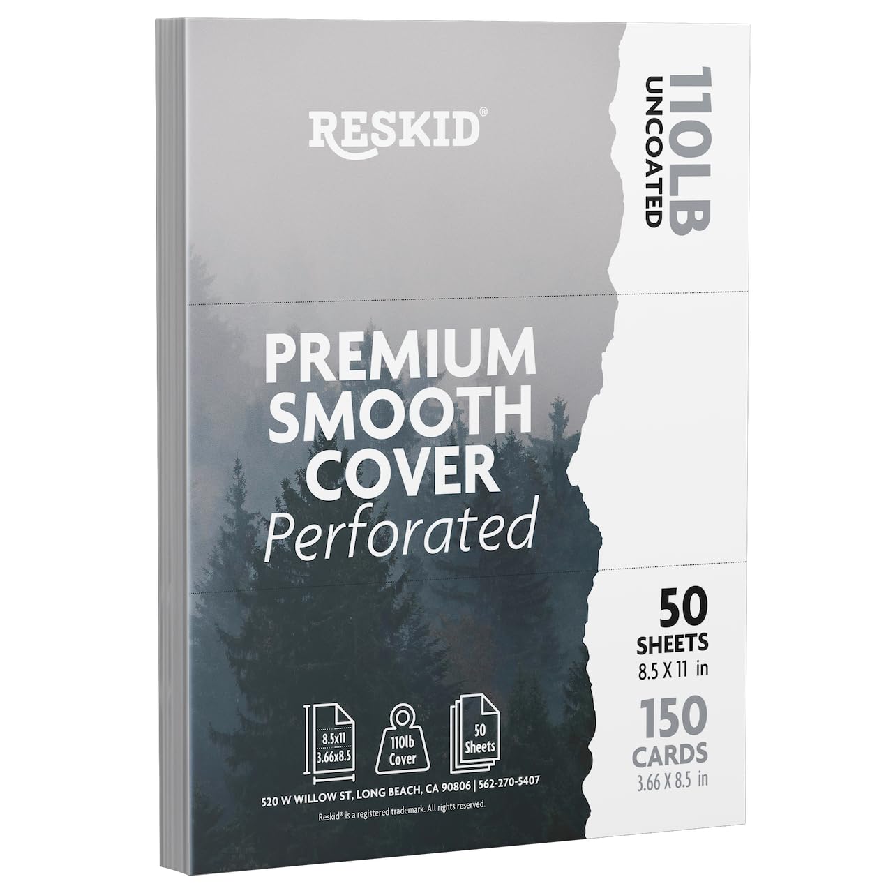 Reskid 50-Sheet Pack Of 110lb White Cardstock Thick Perforated Paper, 8.5x11 With 3 Per Page - 3.66x8.5 - Blank Heavy Weight Cover Card Stock - 50 Sheets With 150 Cards (3up - 3.66x8.5)