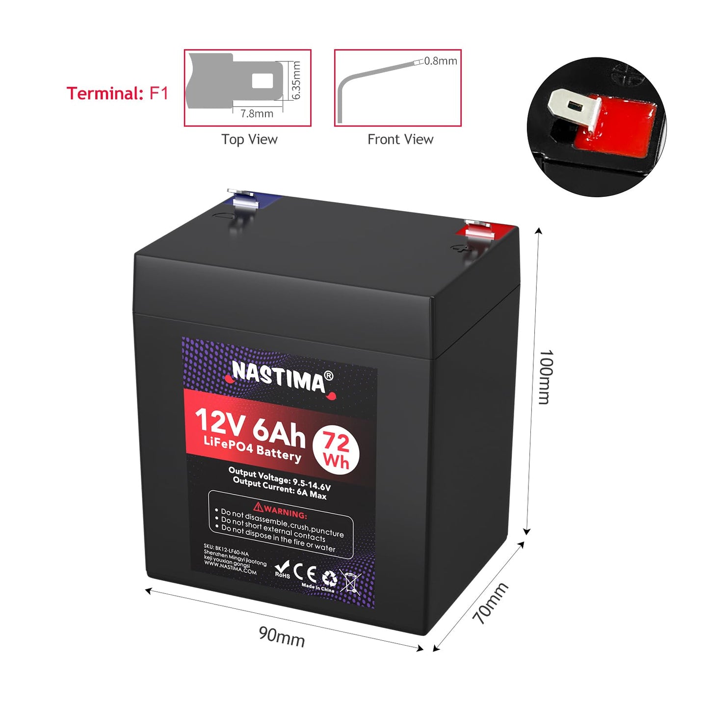 NASTIMA 12V 6Ah Rechargeable Lithium Iron Phosphate Battery,Built-in BMS, 4000+ Cycles LiFePO4 Battery Pack Perfect for Kids Scooters, Fishfinder, Lighting, Power Wheels, Lawn Mower, UPS