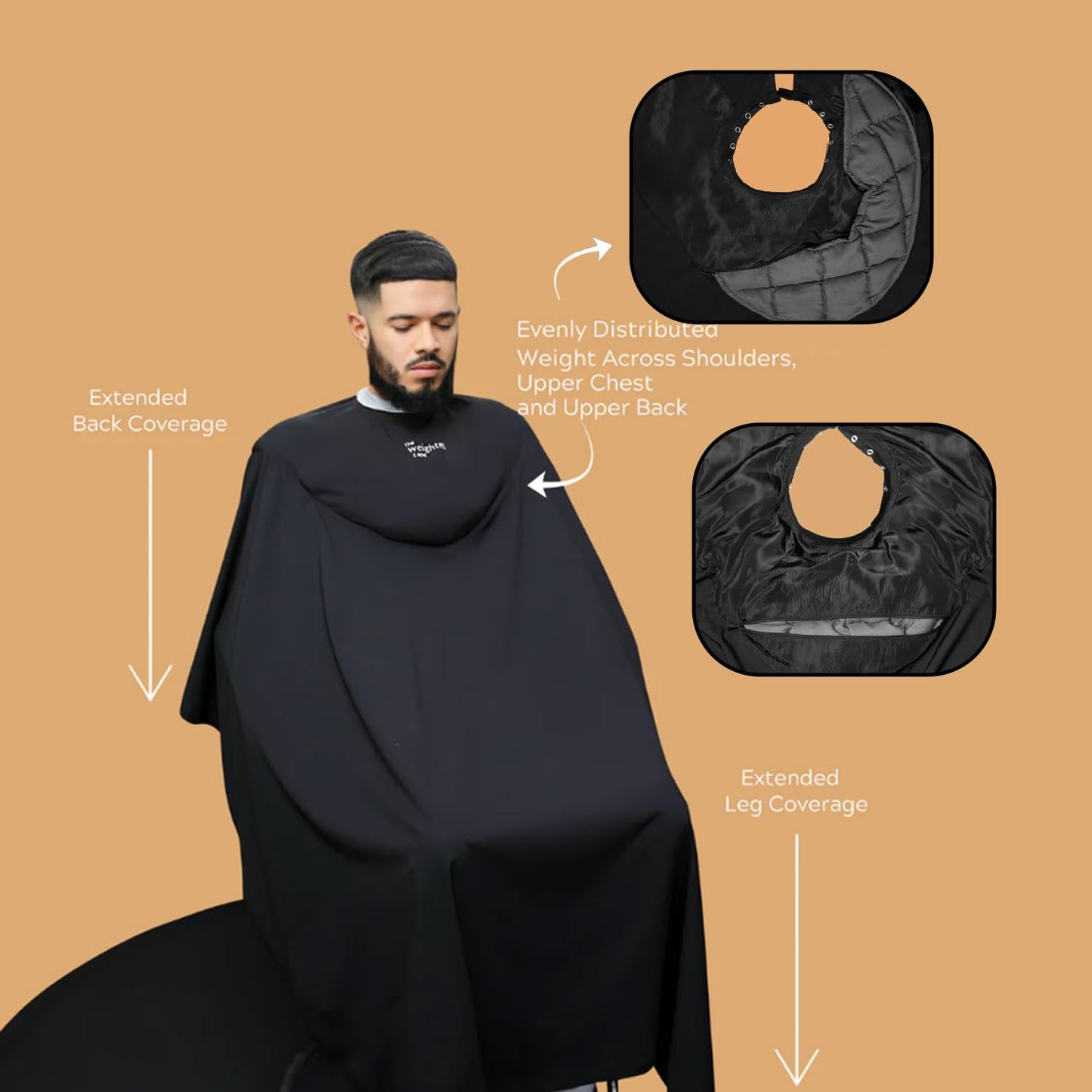 The Weighted Cape - Professional Weighted Hair Cutting Cape, 4lbs 6lbs, 67 x 60 (Black) Water Resistant Barber Cape, Salon Cape, Sensory Friendly Cape. Autism, ADHD. (Black 4 pound Weighted Cape