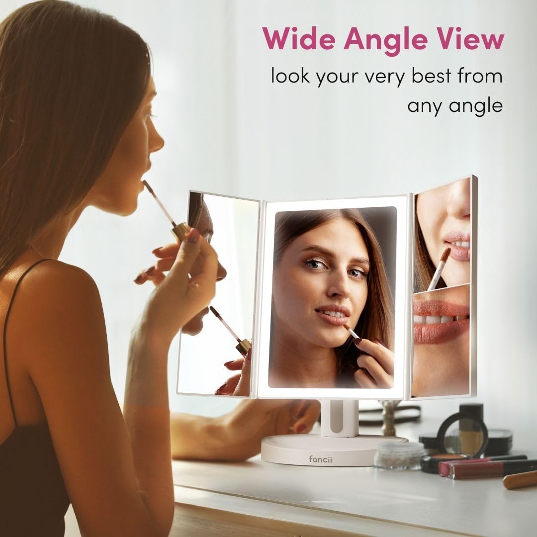 Fancii Vanity Makeup Mirror with LED Lights, 10x 5X 1X Magnification, Rechargeable - 68 Dimmable Natural Lights, Touch Sensor, Lighted Trifold Mirror with Stand (Proudly Canadian)