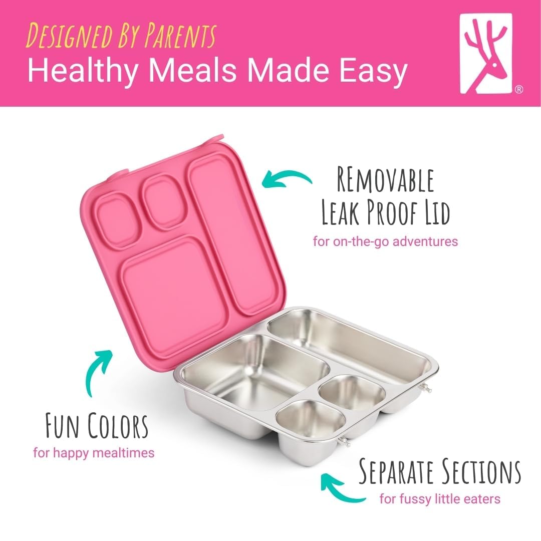 Elk and Friends Kids Stainless Steel Bento Box with Silicone Lid | Leak-Proof | Toddler Lunch Container | 4 Compartments | Dishwasher Safe