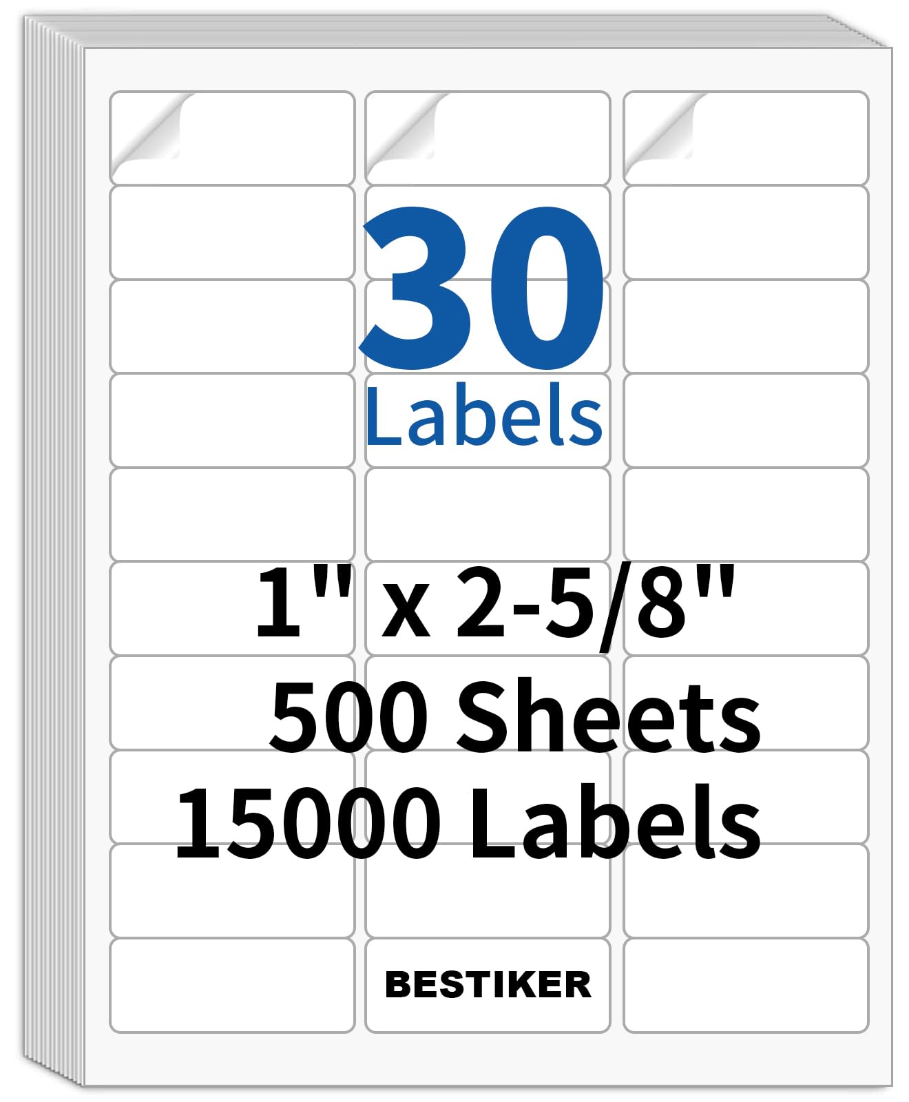 BESTIKER 1”x 2-5/8” Address Labels 30 per Sheet, FBA Barcode Labels Mailing Labels for Inkjet Laser Printers, 15000 Labels Sticker Paper Printable White Template 5160 8160 (500 Sheets)
