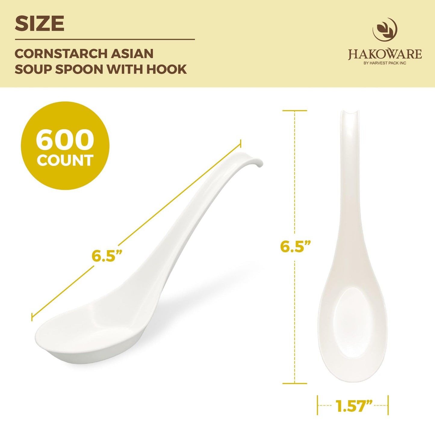 [600 Count] HAKOWARE Disposable Asian Soup Spoons with Hook, Plastic-Free Heavy Duty Spoons, Made from Crystalized Cornstarch, for Take-Out Ramen Pho Noodles