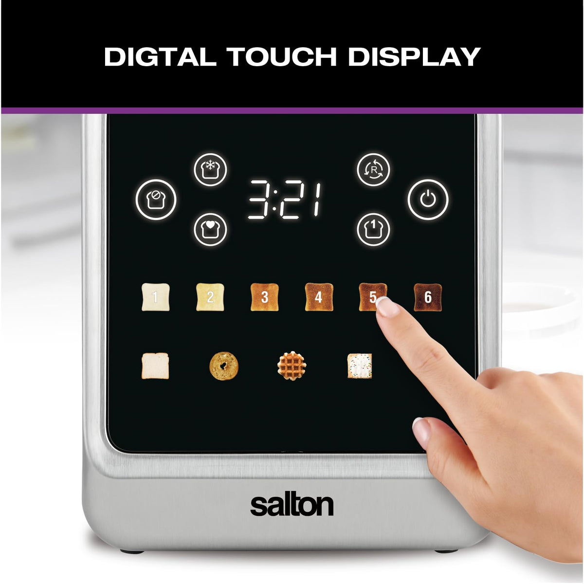 Salton Touchscreen Toaster | 2 Slice Digital Toaster | Intuitive Touch Controls | 6 Precise Shade Settings | Memory & Single Slice Functions | Removable Crumb Tray | Anti-Jam Safety Shut-Off