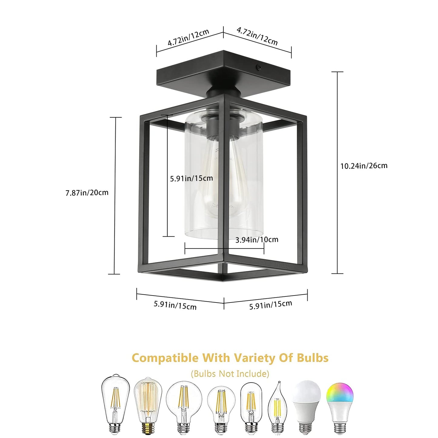 IHENGYANLT 1 Pack Semi Flush Mount Ceiling Light,Black Metal Frame Ceiling Light Fixture with Clear Glass Shade, Farmhouse Light Fixture for Kitchen Island Entryway Porch Foyer