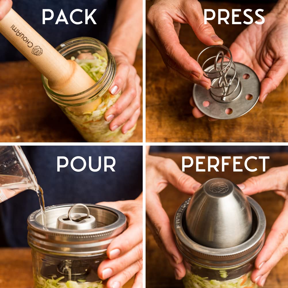 ChouAmi Stainless Steel Fermentation Kit w/Airlock & Weight for Easy Small-Batch Fermenting of Sauerkraut, Kimchi, Pickles ++ Use w/ 1L Le Parfait Wide Mouth Glass Mason Jar & Lid Included (Kit-1L)