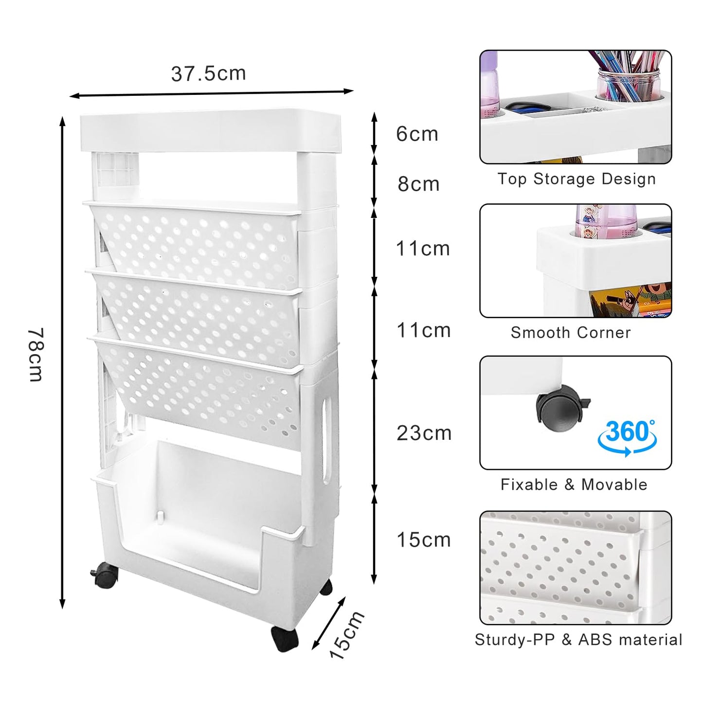 Rolling Bookshelf Cart, 5 Tier Multi-Functional Movable Book Cart, Mobile Bookshelf on Wheels with Pen Holder for Office, Dorm, Classroom, Kitchen