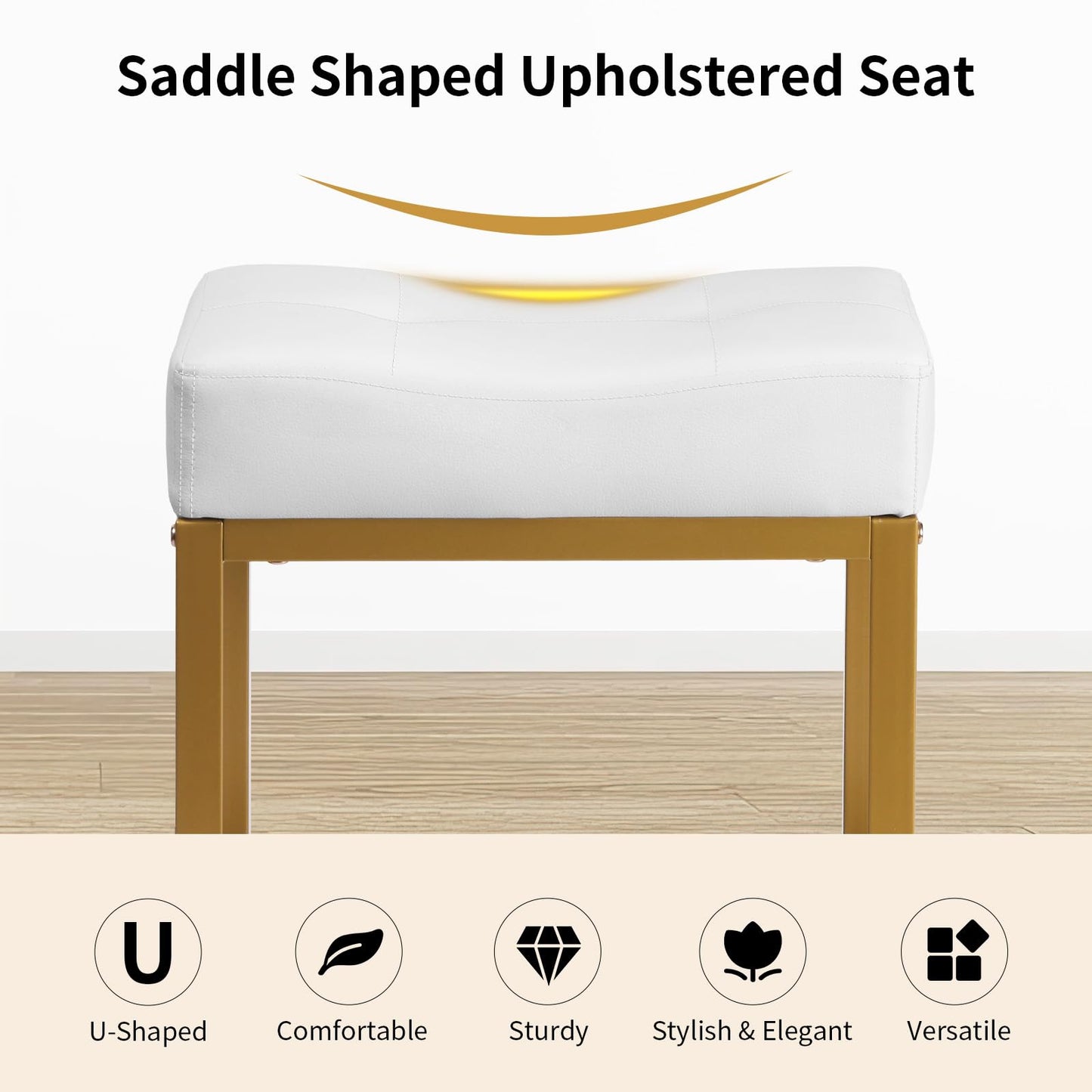 Saddle Seat Vanity Stool, Makeup Stool Chair with Metal Leg, U-Shaped PU Ottoman Foot Rest Stool, Small Square Chairs Under Desk for Vanity, Living Room, Bedroom, Modern Makeup Bench White&Gold