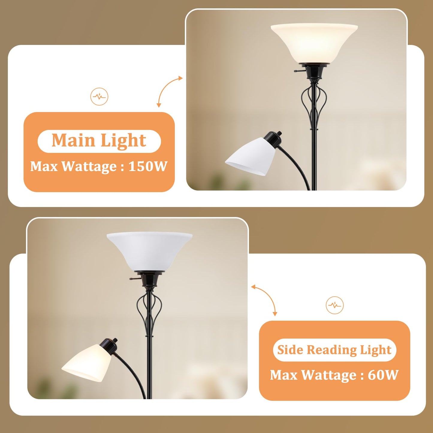 Floor Lamp for Bedroom, 70" Tall 2-in-1 Torchiere Floor Lamp with Adjustable Gooseneck Reading Light, Plastic Shade Lamps Separate On/Off Switch Modern Corner Standing Lamp for Living Room, Office