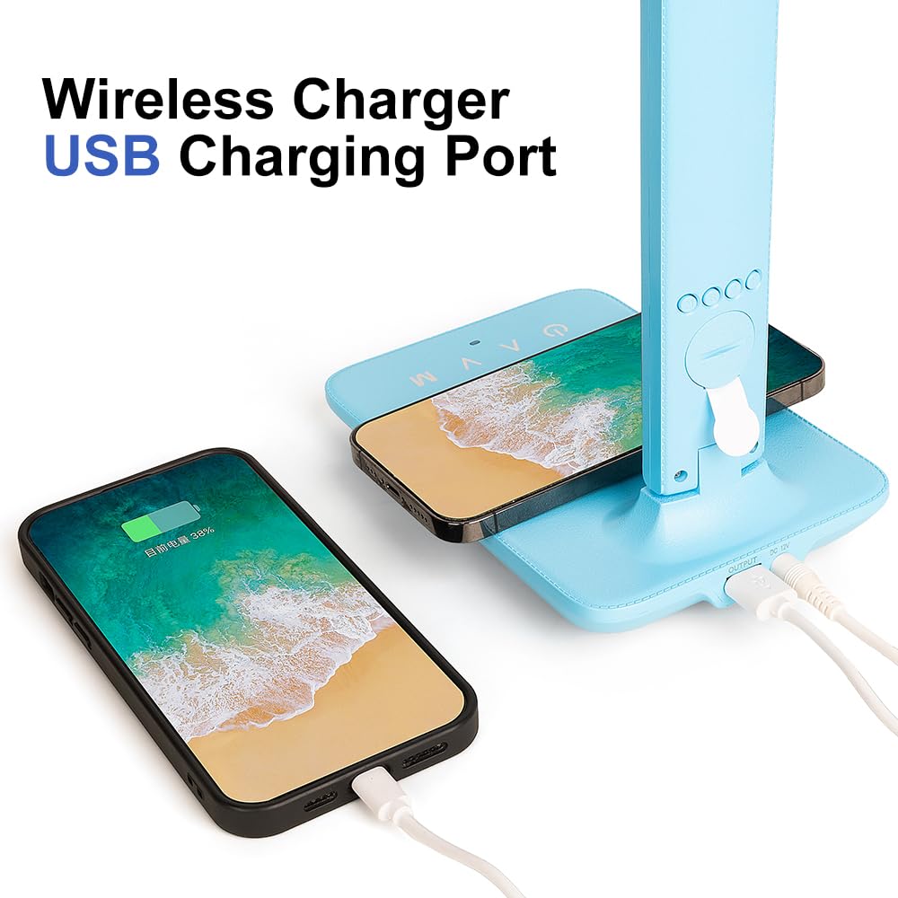 wanjiaone Multifunctional LED Desk Lamp with Wireless Charger,USB Charging Port,Clock,Phone Holder,Desk Lamps for Home Office,Eye-Caring Reading Lamp,Study Lamp for Boys,Girls,Teens (Blue-tx26)