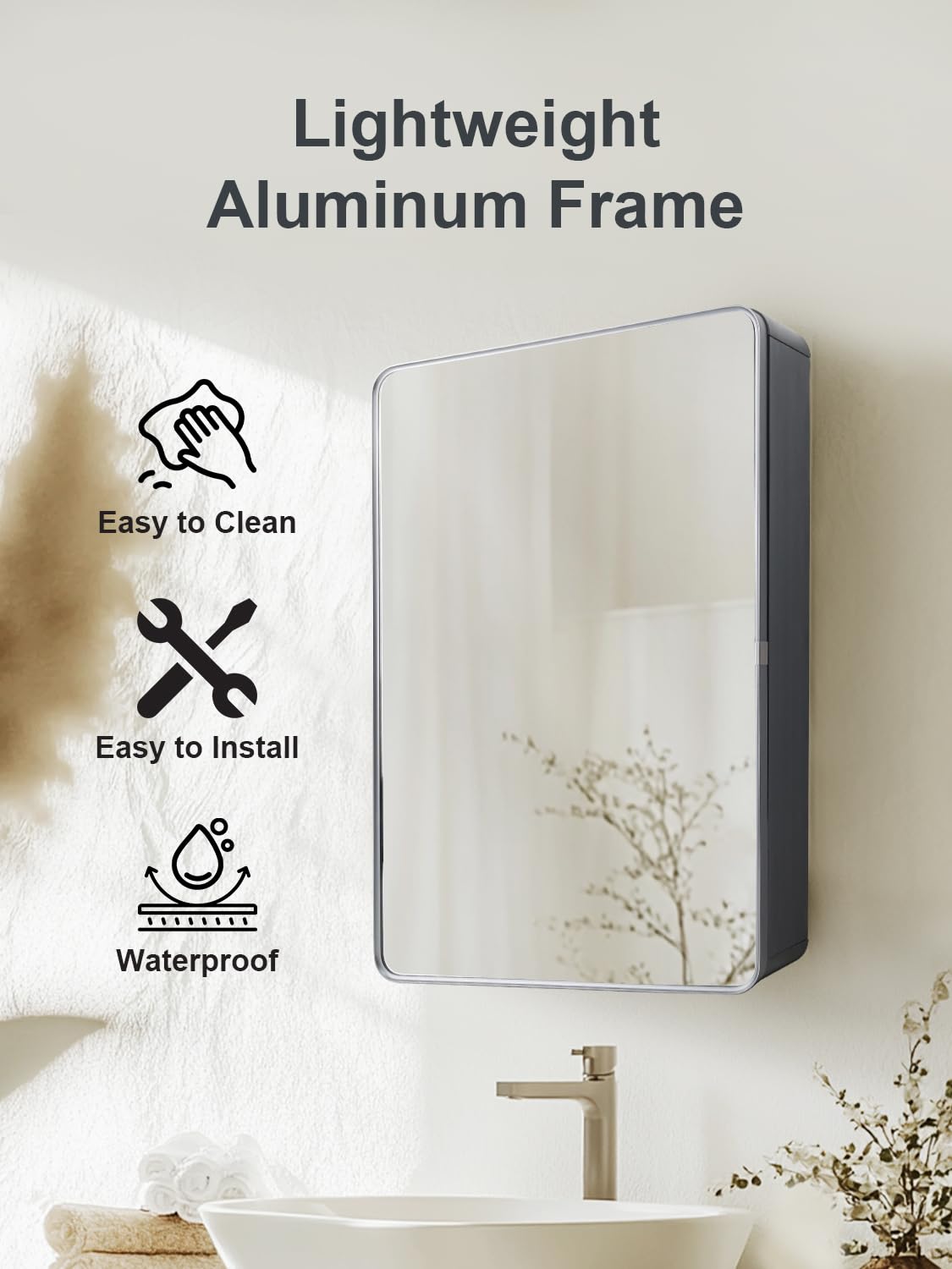 Avidanza 16x24 Inch Bathroom Medicine Cabinet with Mirror, Small Farmhouse Surface Cabinet with Soft-Close Hinges, Rounded Corner Aluminum Metal Vanity Frame & Glass, with 2 Toothbrush Holders (Grey)