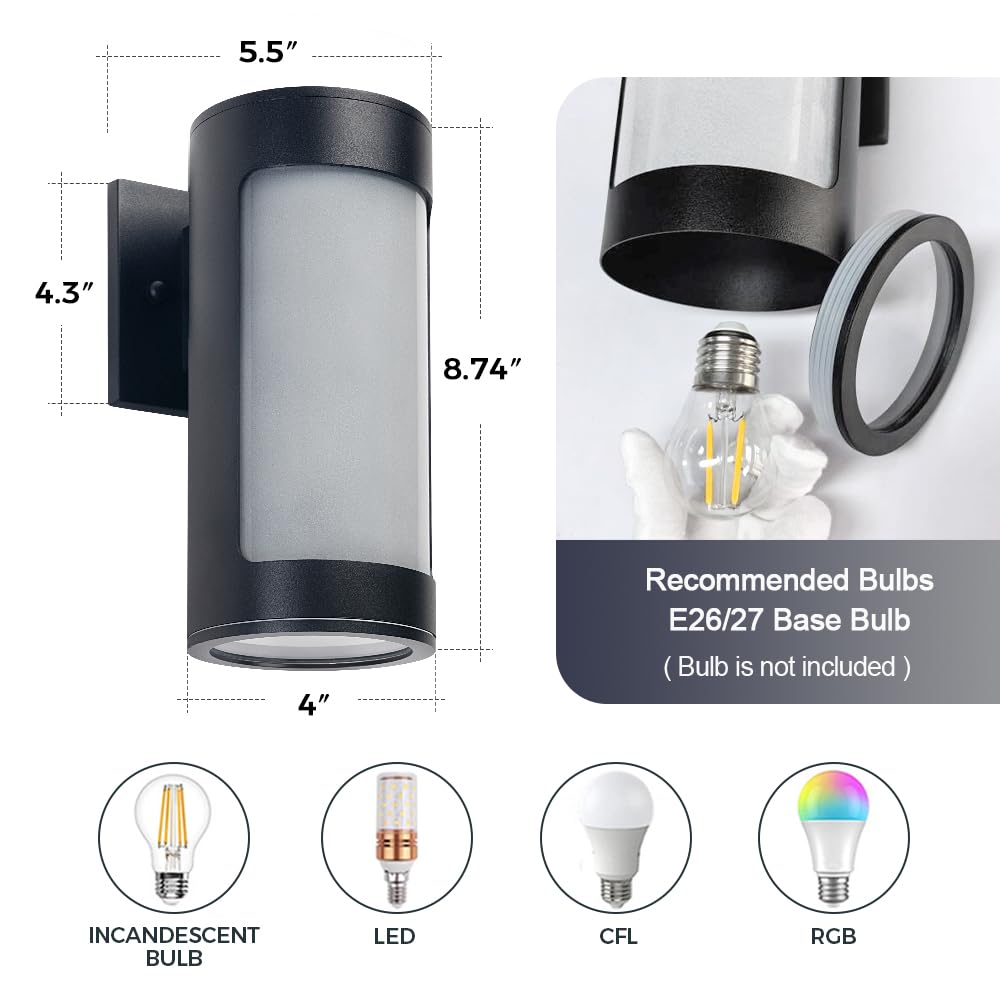 Cerdeco Black Outdoor Wall Lights,Cylinder Stainless Steel Porch Light with Frosted Glass,Modern Outdoor Wall Sconces,2 Pack