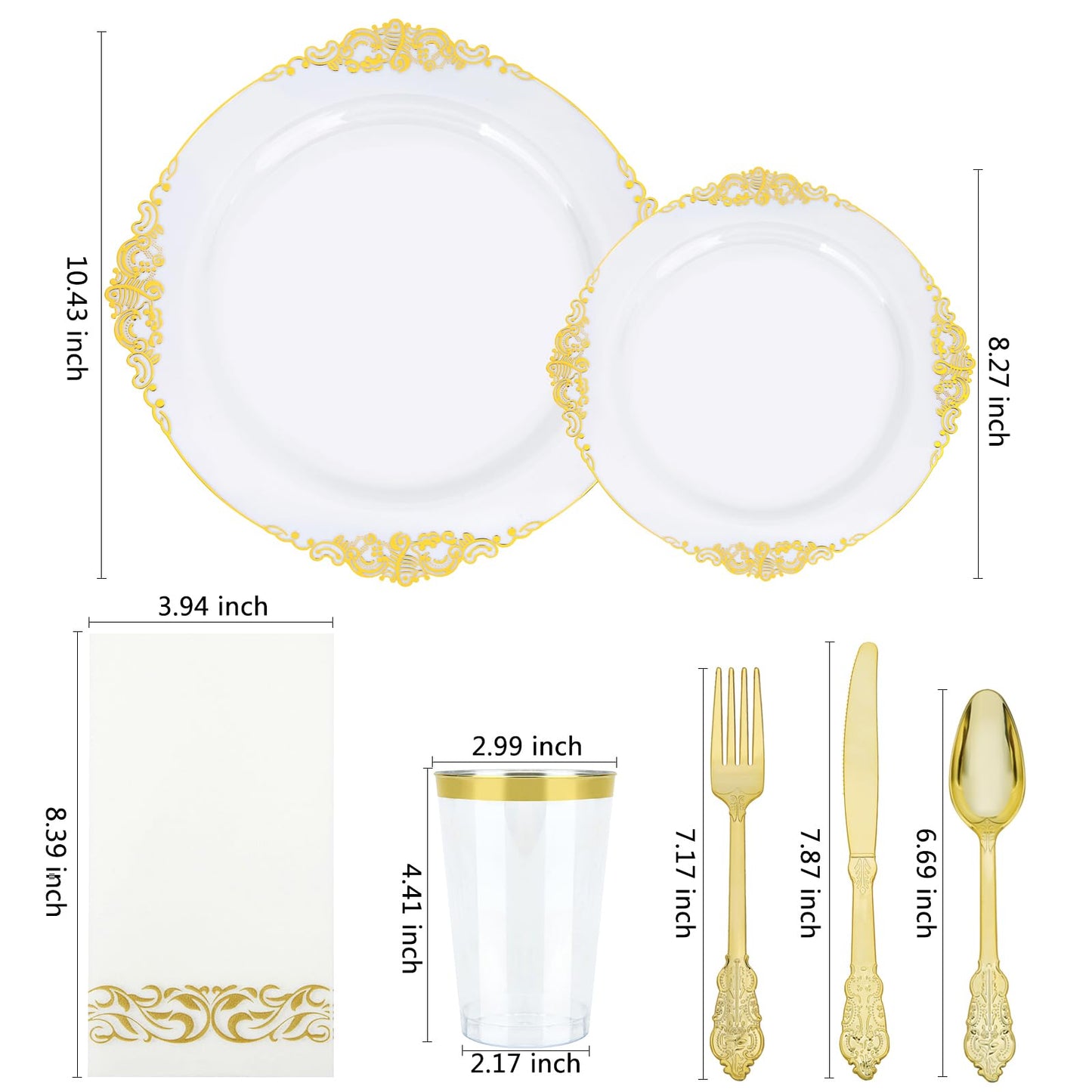 175PCS Gold Plastic Dinnerware White and Gold Plastic Plates for Party Include 25 Dinner Plates, 25 Dessert Plates, 25 Forks, 25 Spoons, 25 Knives, 25 Cups 25 Linen Napkins for Wedding, Birthday