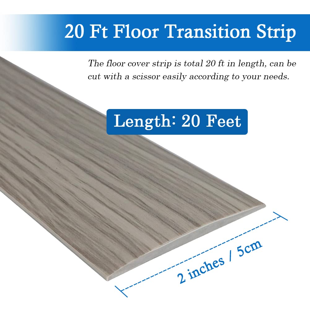 Floor Transition Strip Self Adhesive Floor Cover Strips Laminate 2" Wide Vinyl Flat Divider Transitions Elegant Wood Grain Design (5cm, 20Ft, Gray)