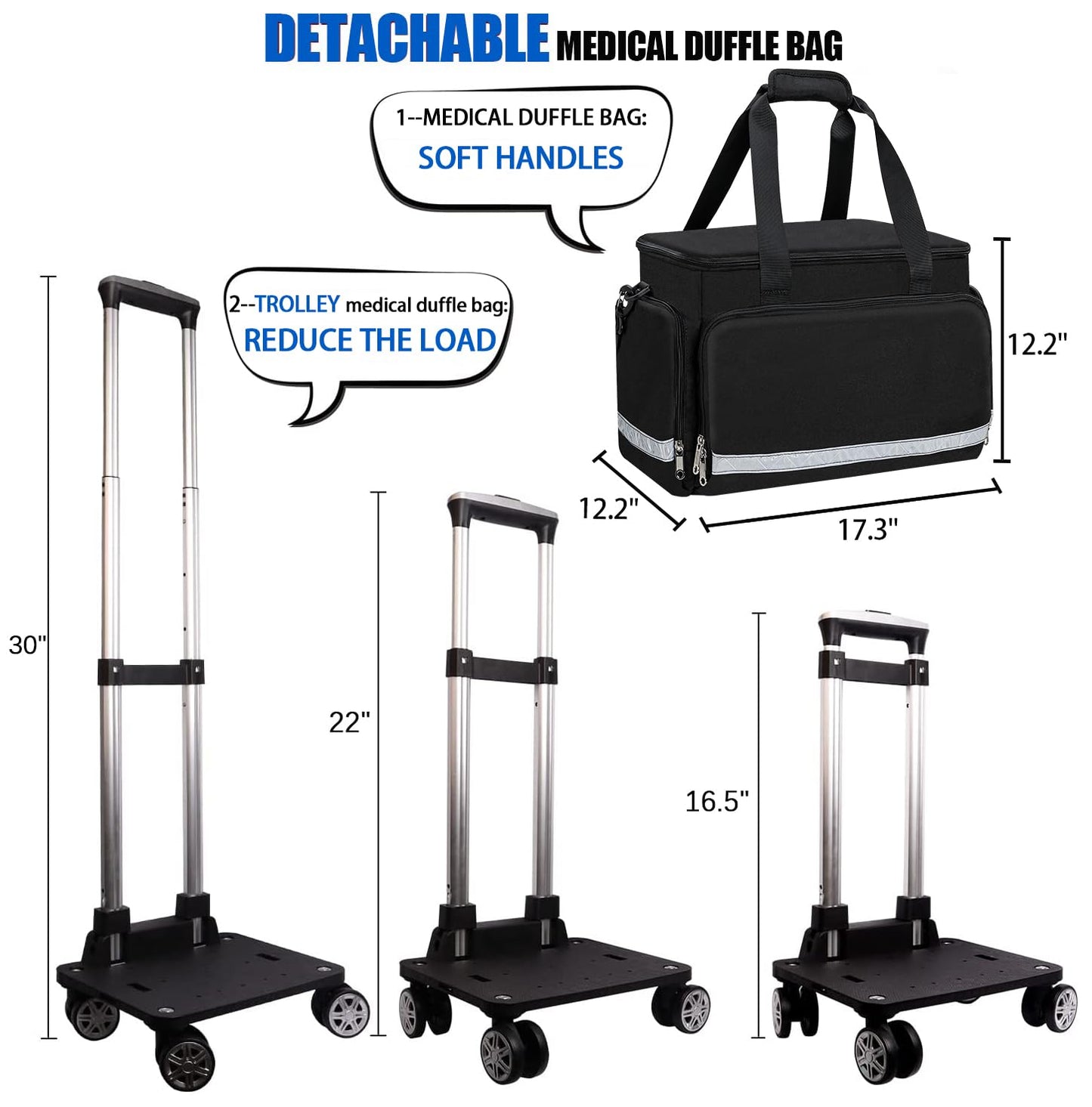 Gatycallaty Medical Trolley Bag with Wheels EMT EMS First Responder Nurse Home Health Bag Homecare Physician Traveling Field Trips Camping Hiking Scout Troop with Compartments Removable (Black)